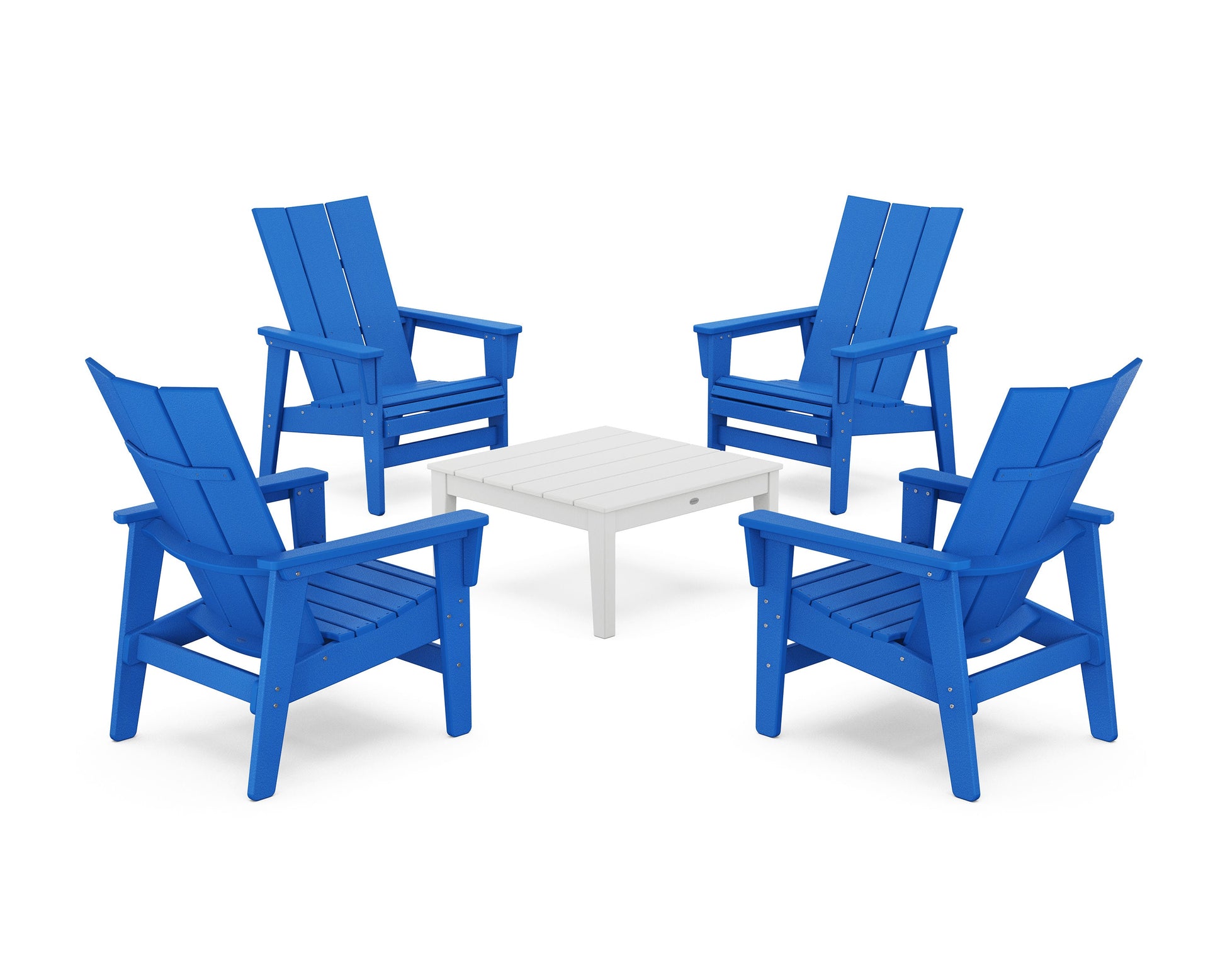 POLYWOOD 5-Piece Modern Grand Upright Adirondack Chair Conversation Group — Pacific Blue / White