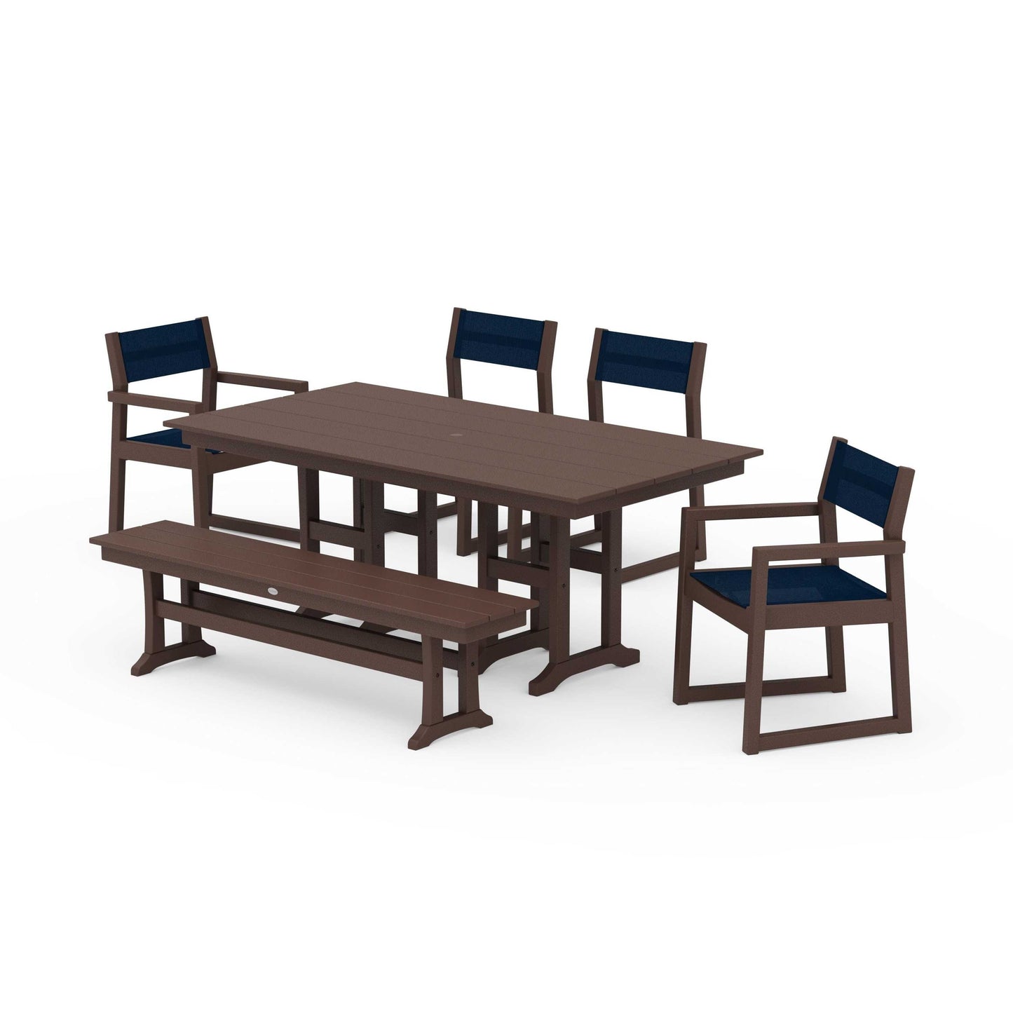 POLYWOOD EDGE Sling 6-Piece Farmhouse Dining Set — Mahogany / Navy Blue Sling