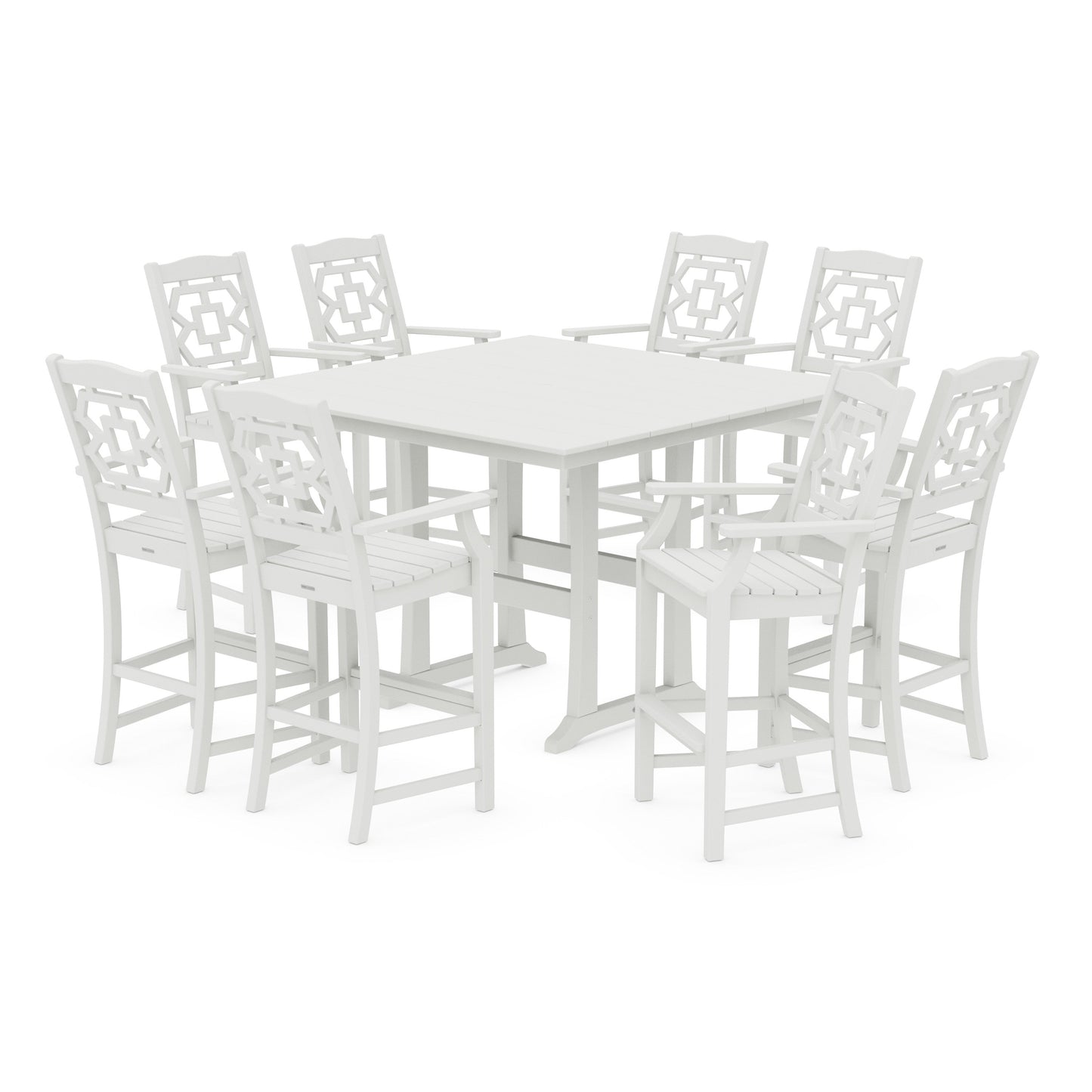 POLYWOOD Chinoiserie 9-Piece Square Farmhouse Side Chair Bar Set with Trestle Legs — Vintage White