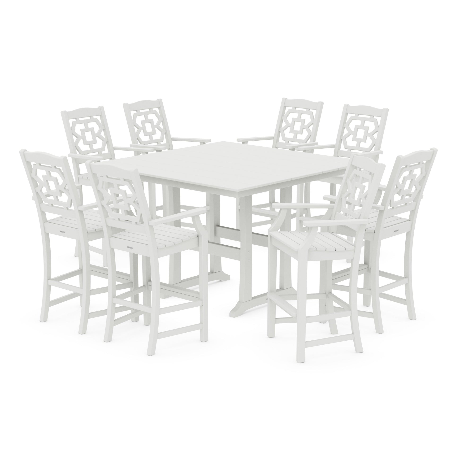 POLYWOOD Chinoiserie 9-Piece Square Farmhouse Side Chair Bar Set with Trestle Legs — Vintage White