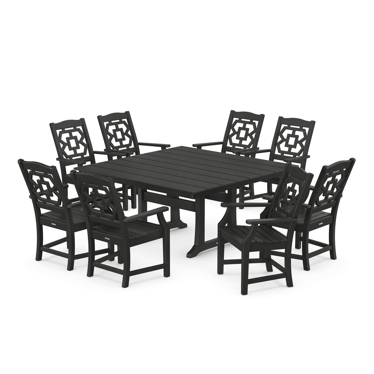 POLYWOOD Chinoiserie 9-Piece Square Farmhouse Dining Set with Trestle Legs — Black