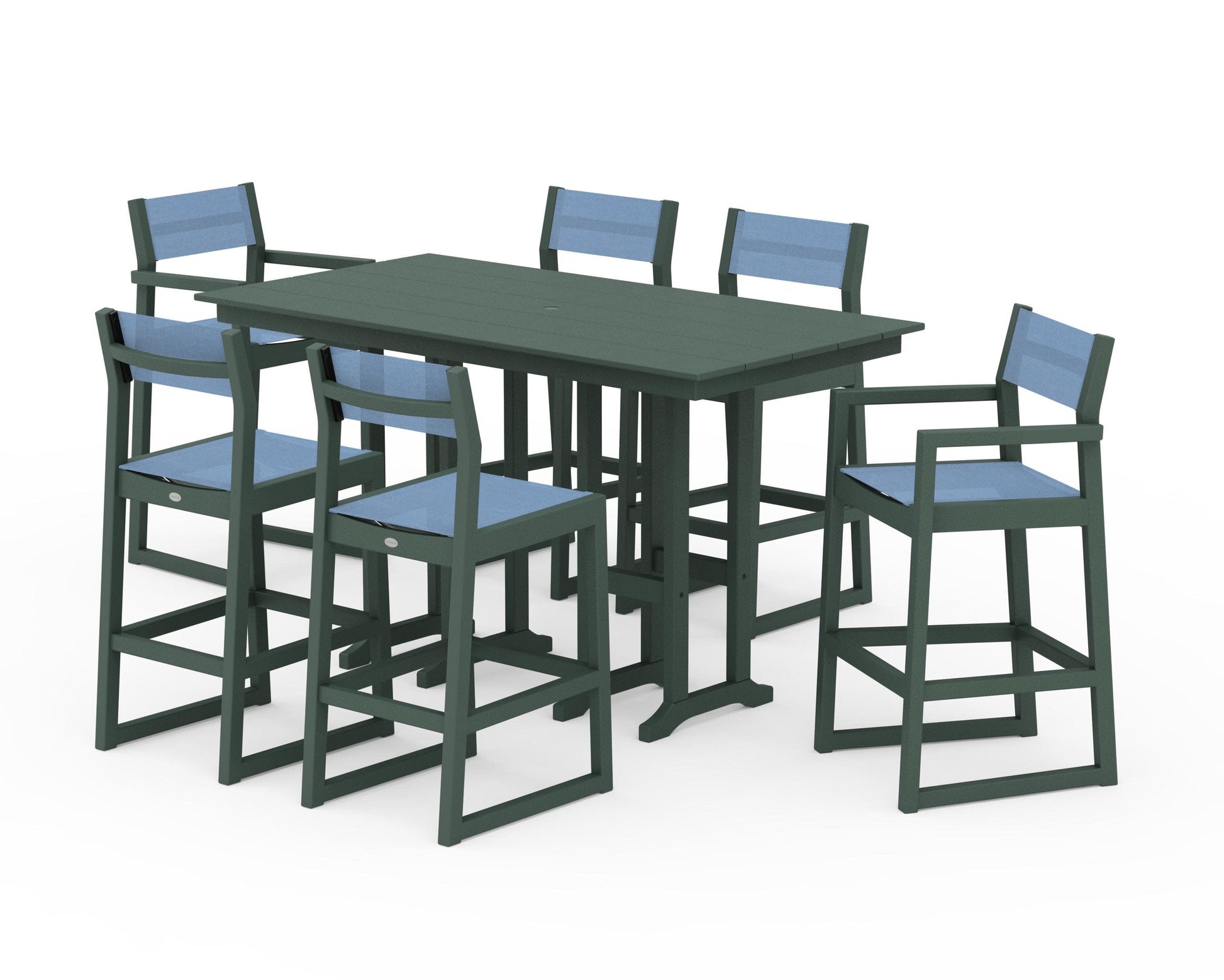 POLYWOOD EDGE Sling 7-Piece Farmhouse Bar Set — Green / Poolside Sling