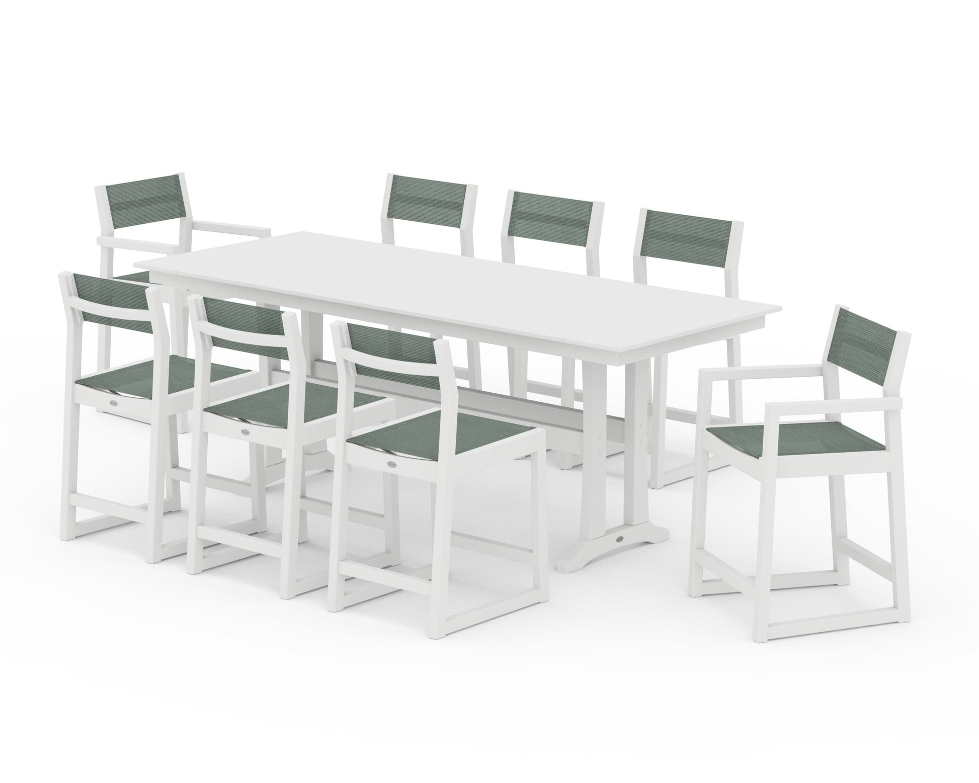 POLYWOOD EDGE Sling 9-Piece Farmhouse Counter Set with Trestle Legs — White / Dupioni Sea Mist Sling