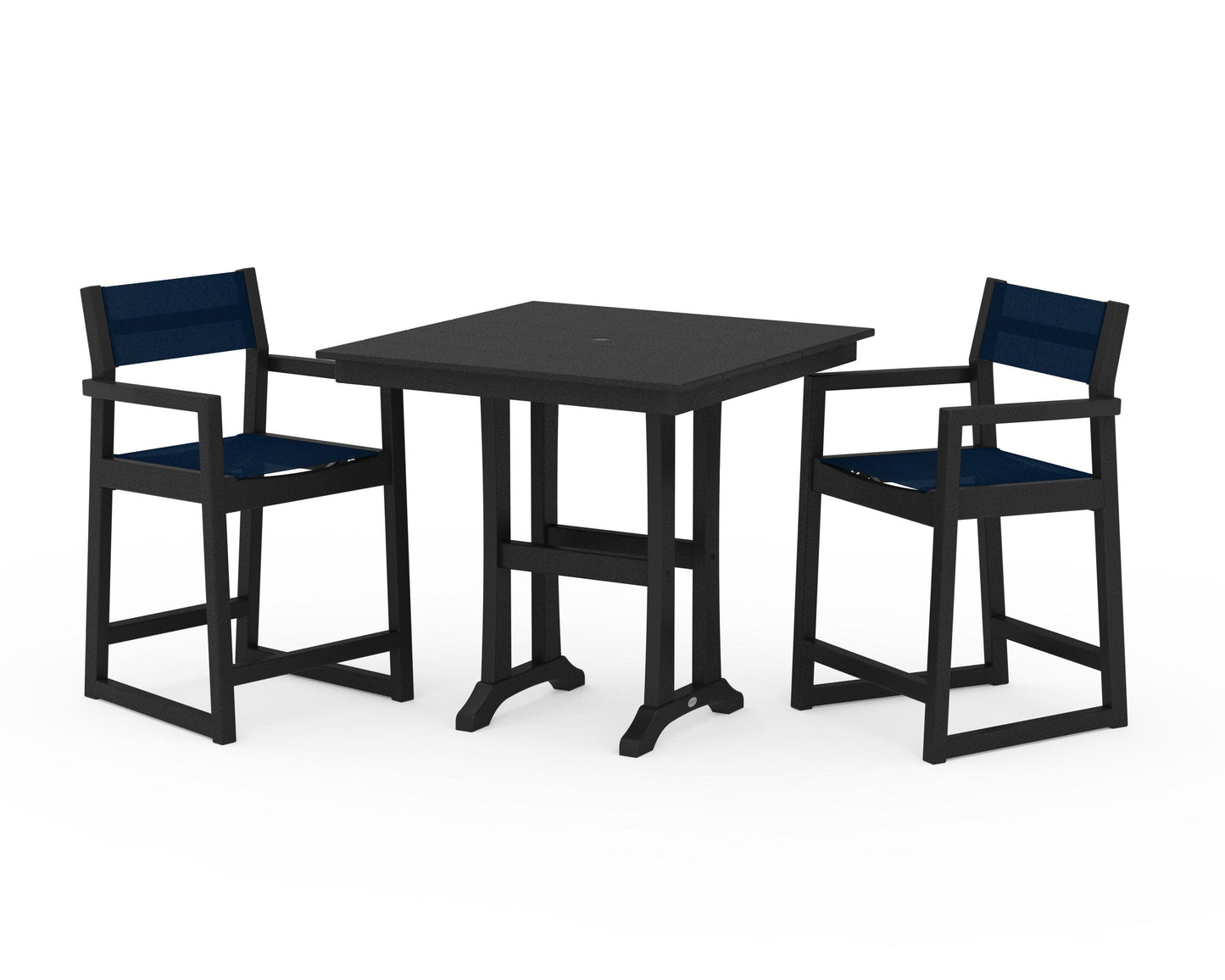 POLYWOOD EDGE Sling Arm Chair 3-Piece Farmhouse Counter Set with Trestle Legs — Black / Navy Blue Sling
