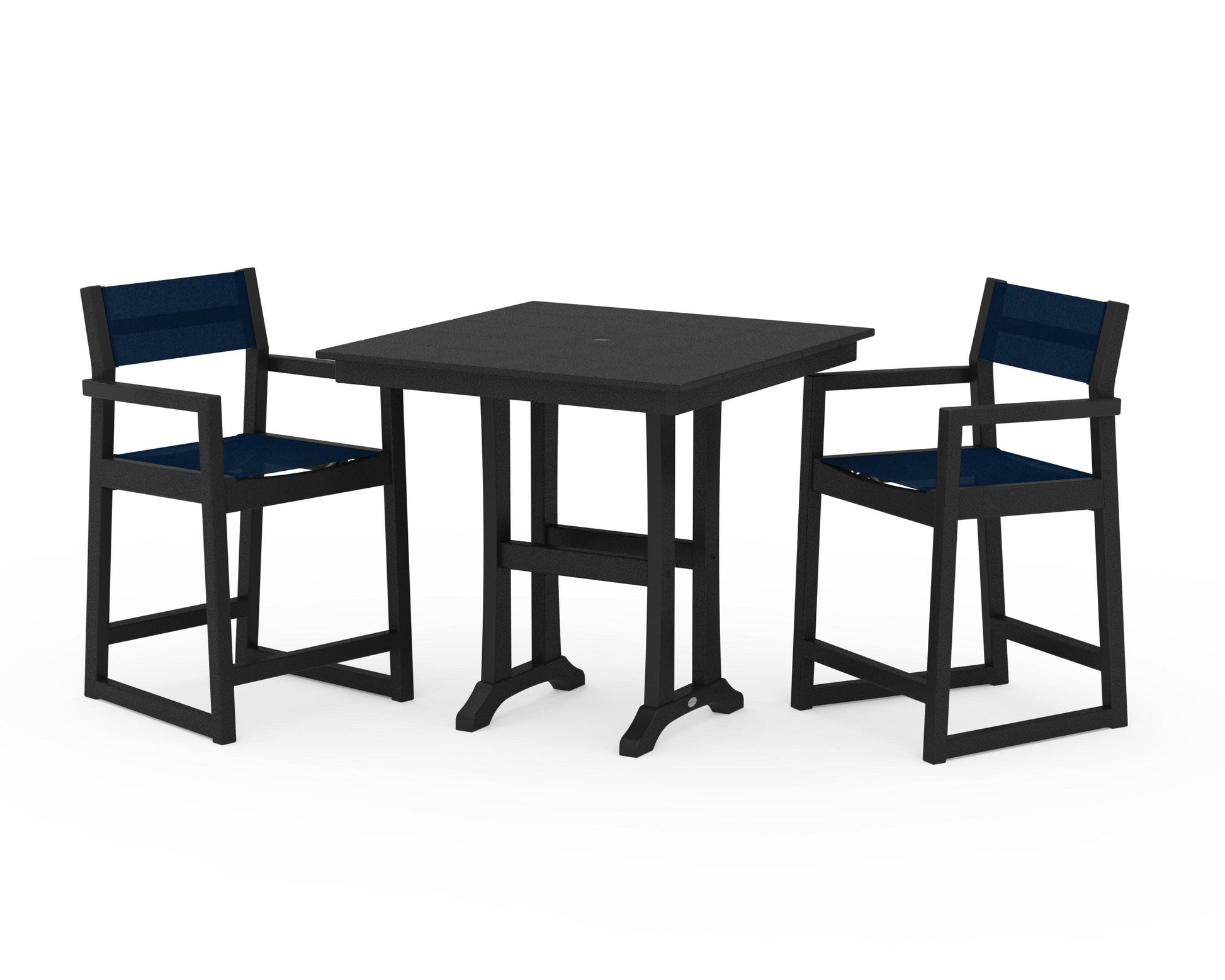 POLYWOOD EDGE Sling Arm Chair 3-Piece Farmhouse Counter Set with Trestle Legs — Black / Navy Blue Sling