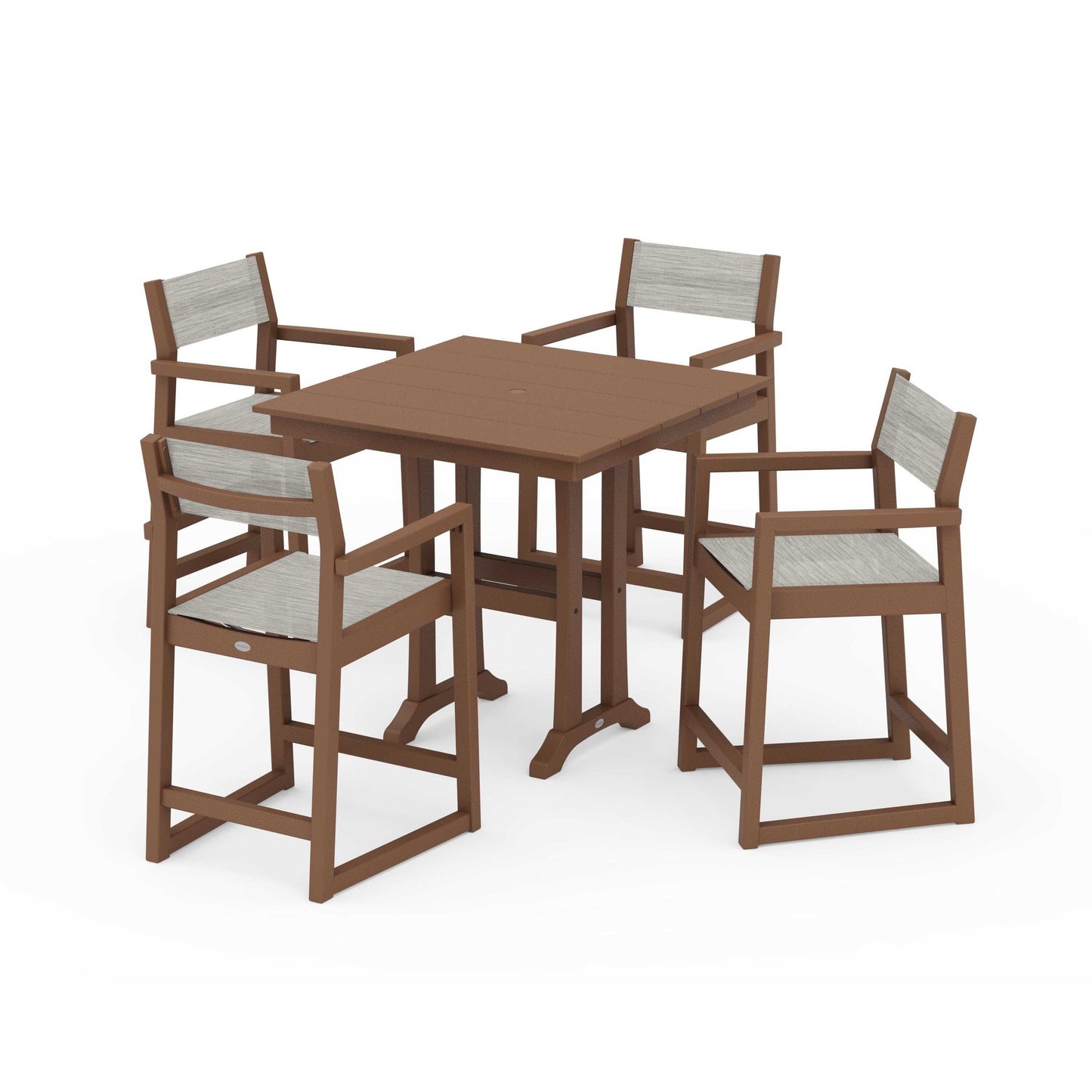 POLYWOOD EDGE Sling Arm Chair 5-Piece Farmhouse Counter Set with Trestle Legs — Teak / Birch Sling