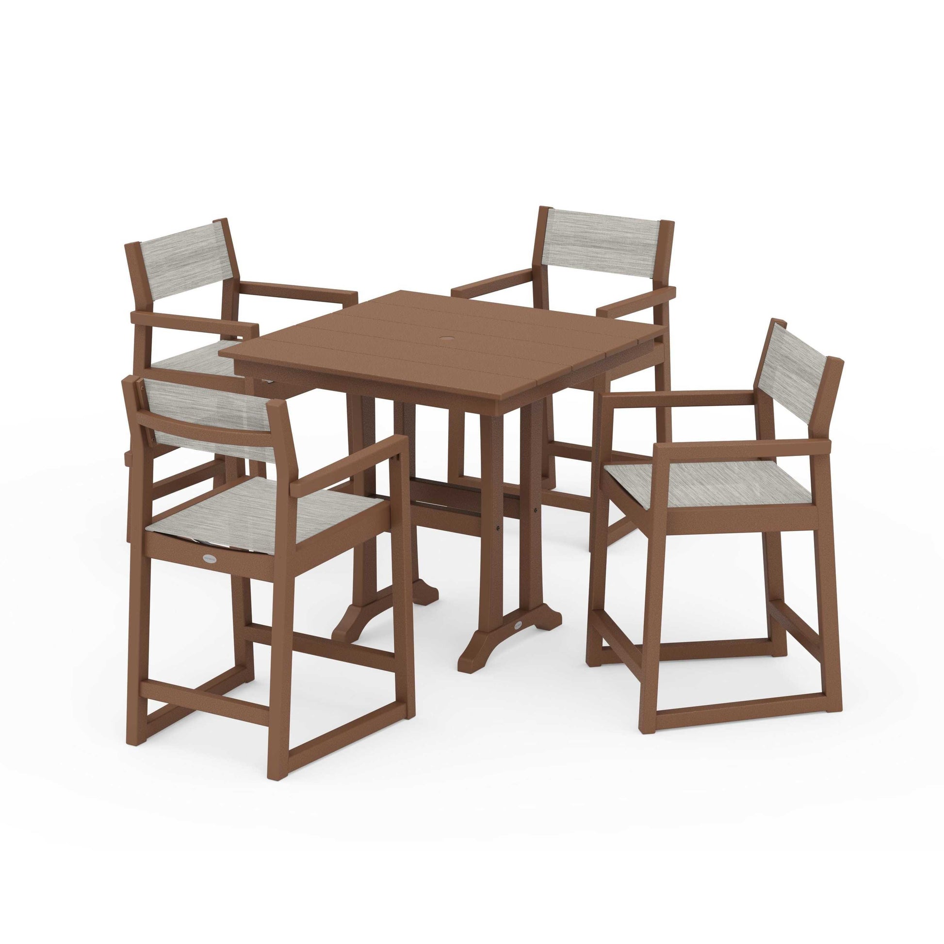 POLYWOOD EDGE Sling Arm Chair 5-Piece Farmhouse Counter Set with Trestle Legs — Teak / Birch Sling
