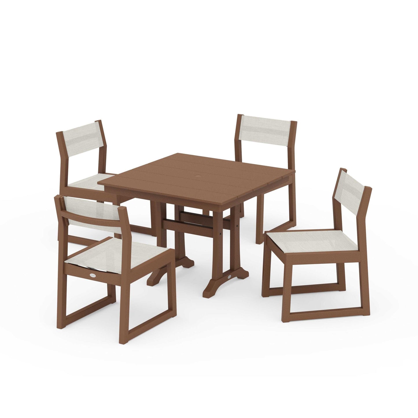 POLYWOOD EDGE Sling 5-Piece Farmhouse Trestle Side Chair Dining Set — Teak / Parchment Sling