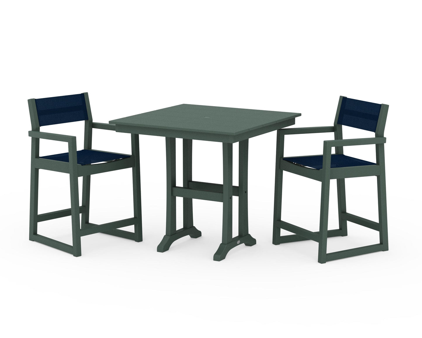 POLYWOOD EDGE Sling Arm Chair 3-Piece Farmhouse Counter Set with Trestle Legs — Green / Navy Blue Sling