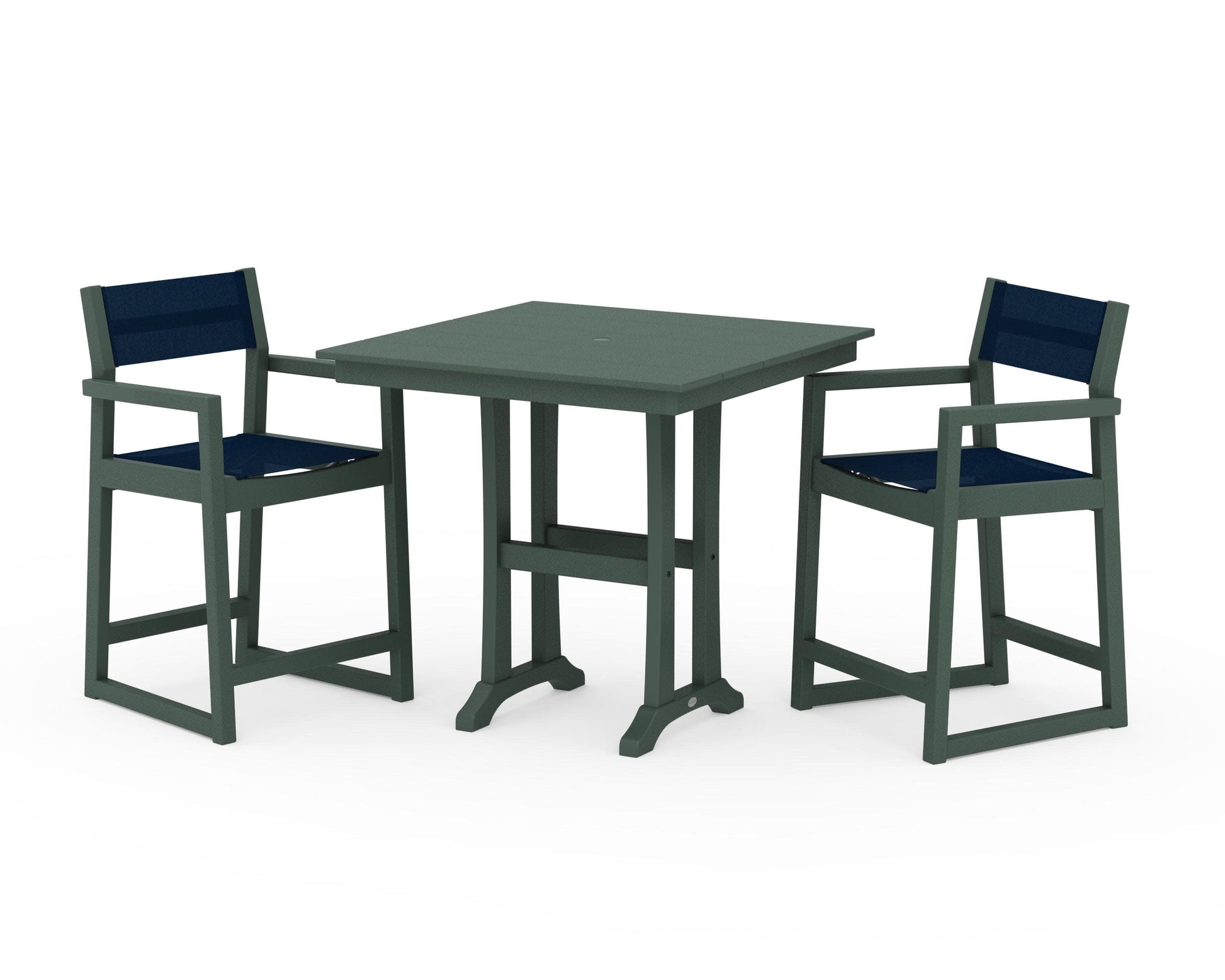 POLYWOOD EDGE Sling Arm Chair 3-Piece Farmhouse Counter Set with Trestle Legs — Green / Navy Blue Sling