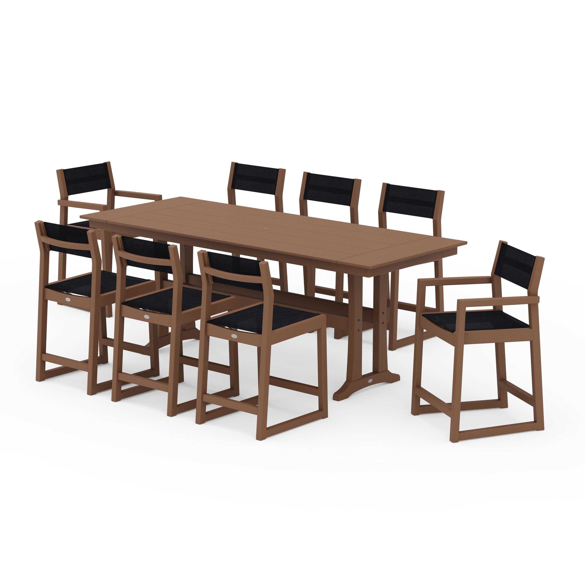POLYWOOD EDGE Sling 9-Piece Farmhouse Counter Set with Trestle Legs — Teak / Black Sling