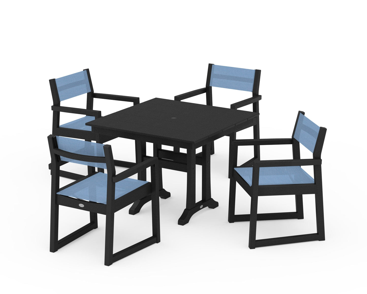 POLYWOOD EDGE Sling 5-Piece Farmhouse Dining Set with Trestle Legs — Black / Poolside Sling