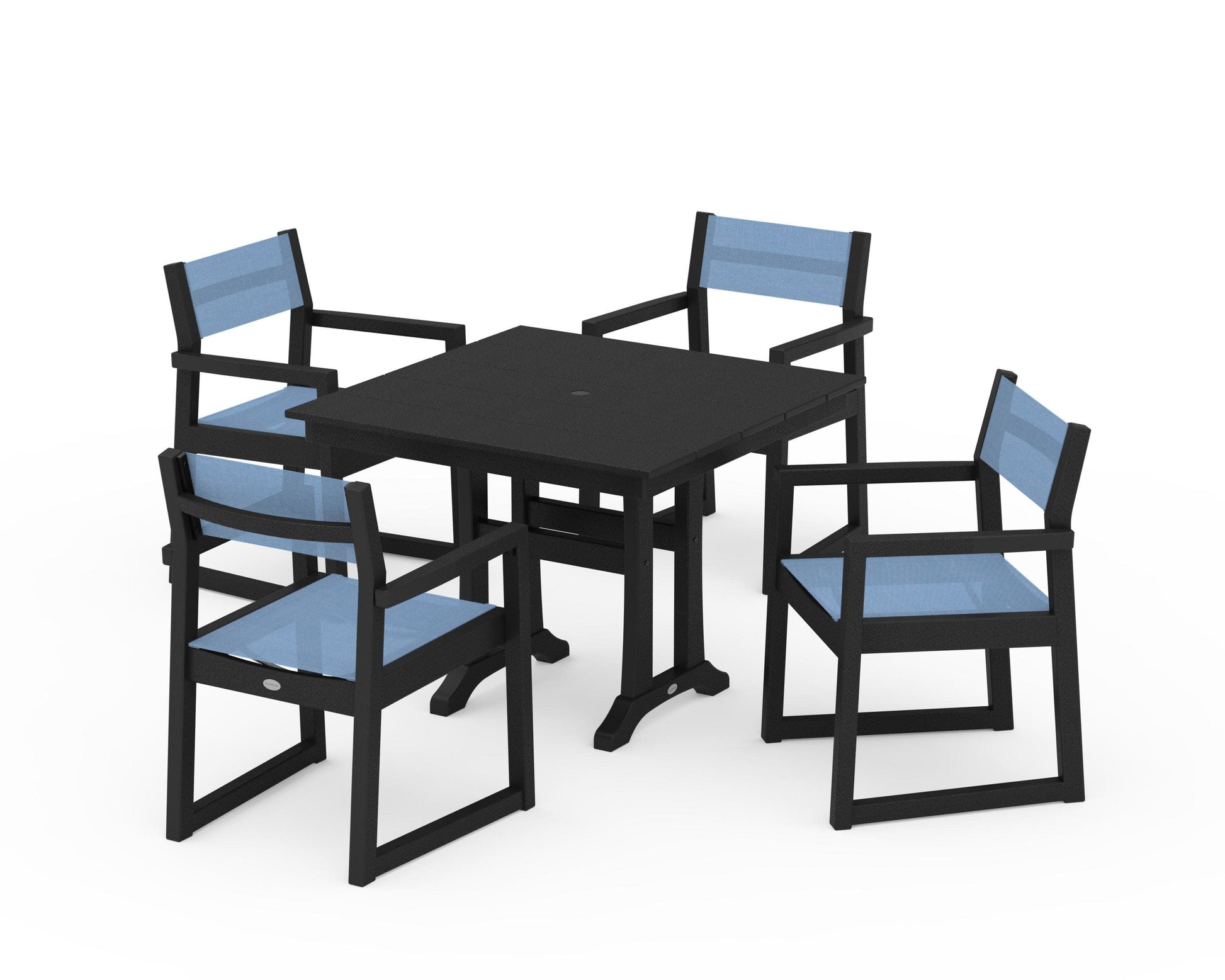 POLYWOOD EDGE Sling 5-Piece Farmhouse Dining Set with Trestle Legs — Black / Poolside Sling