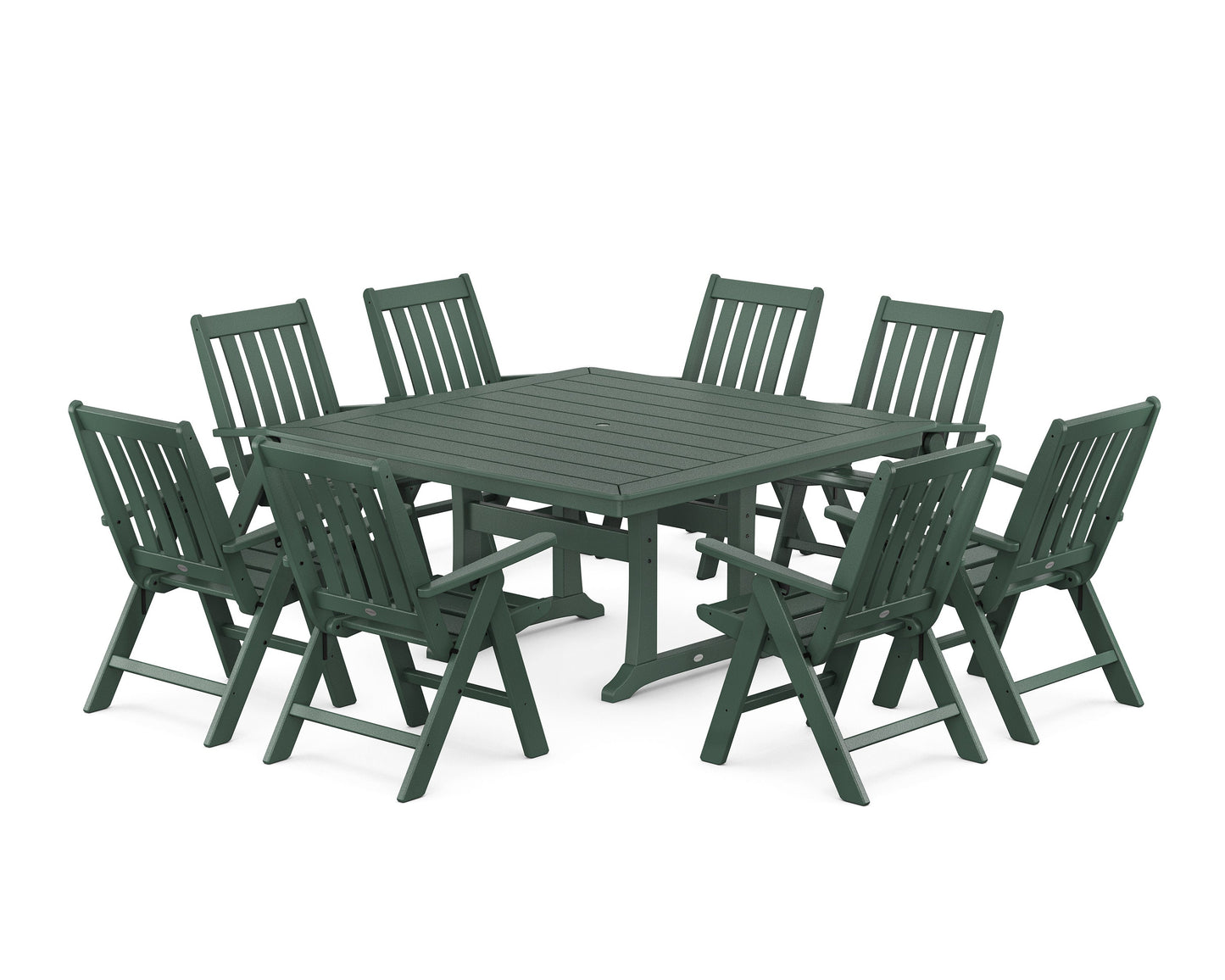 POLYWOOD Vineyard Folding Chair 9-Piece Square Dining Set with Trestle Legs — Green