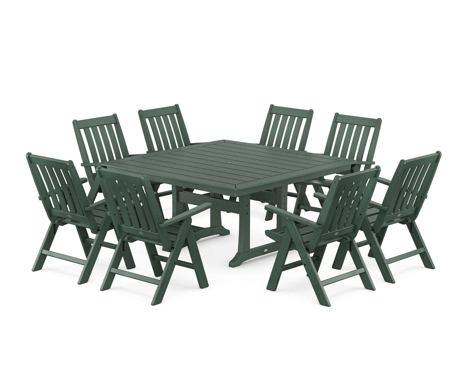 POLYWOOD Vineyard Folding Chair 9-Piece Square Dining Set with Trestle Legs — Green