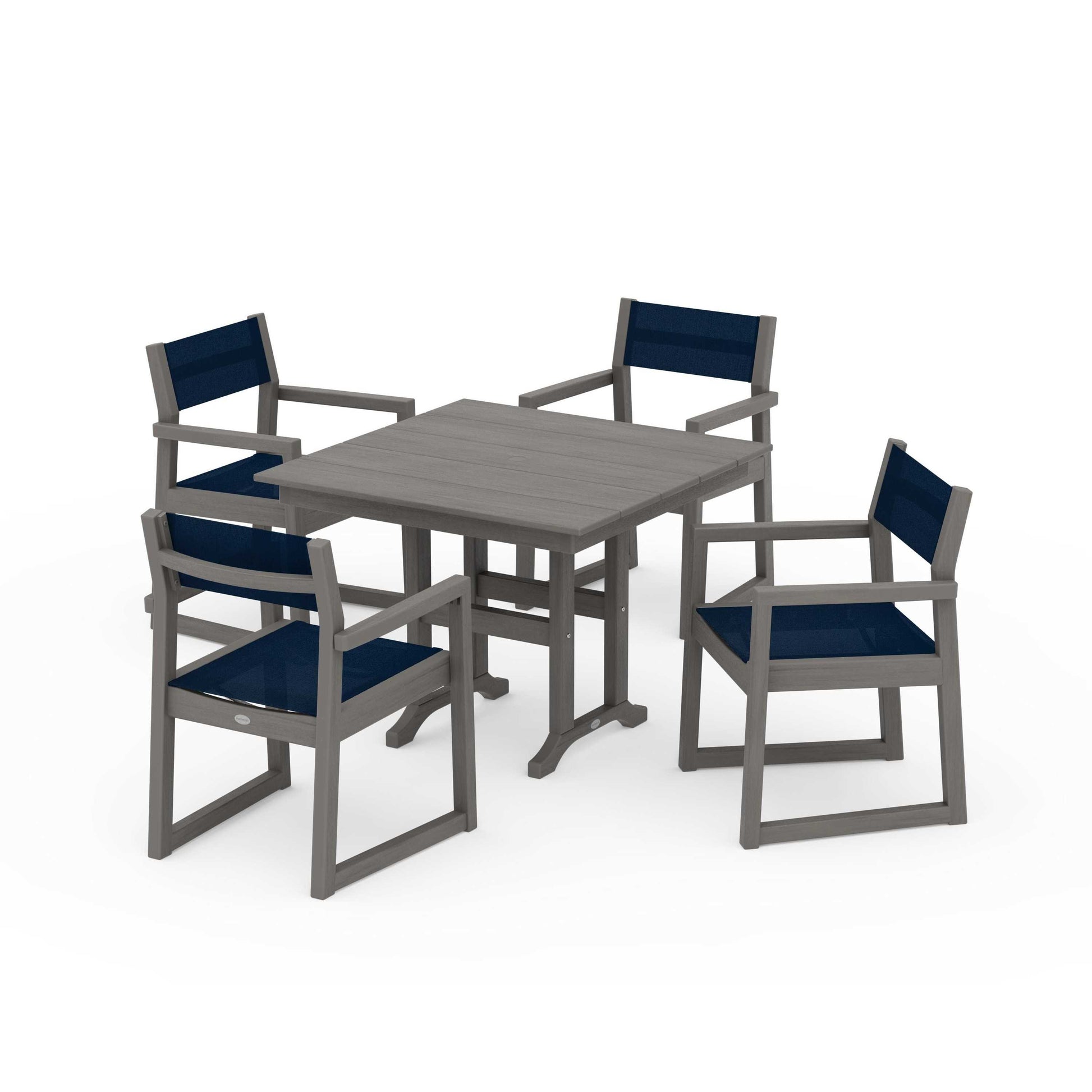 POLYWOOD EDGE Sling Arm Chair 5-Piece Farmhouse Dining Set — Driftwood / Navy Blue Sling