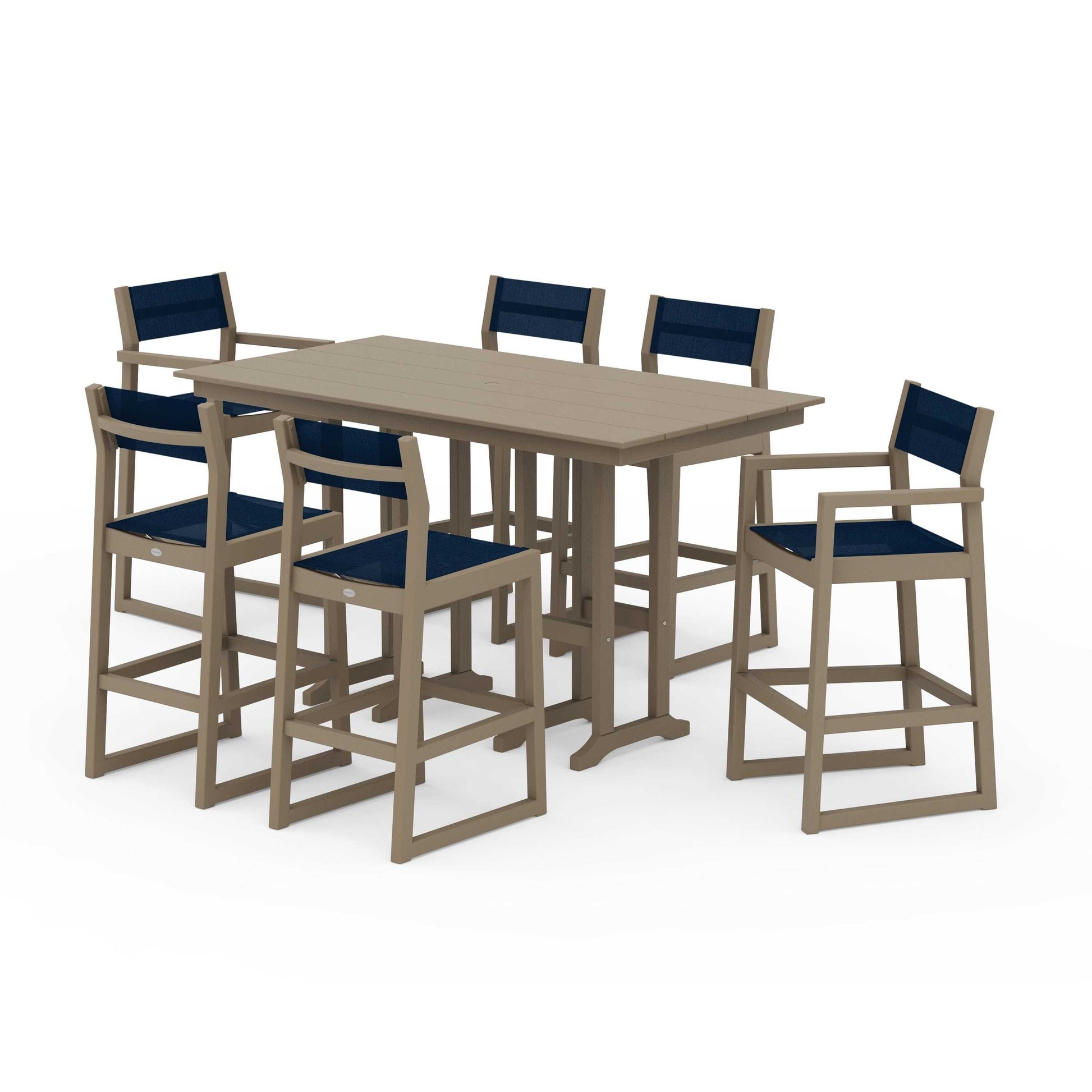 POLYWOOD EDGE Sling 7-Piece Farmhouse Bar Set — Vintage Sahara / Navy Blue Sling