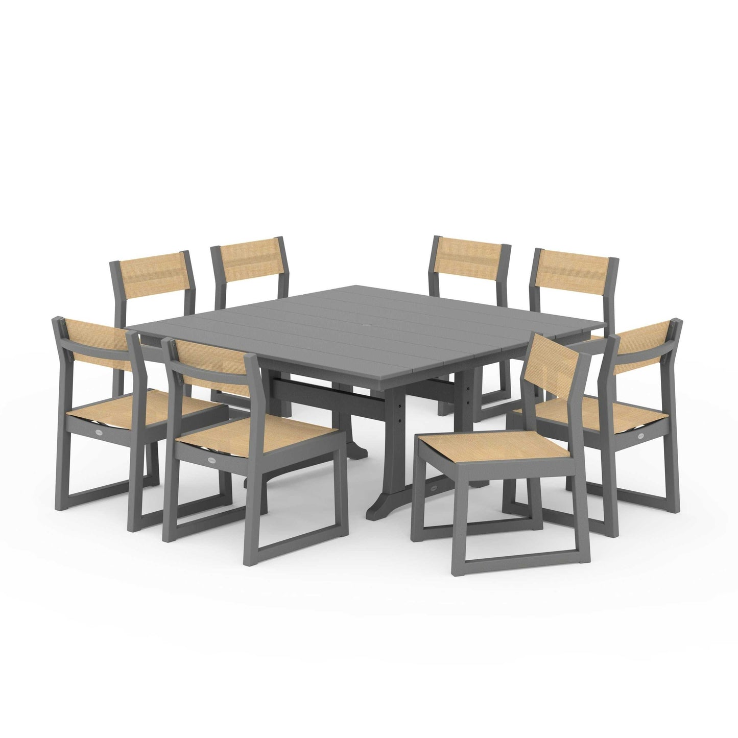POLYWOOD EDGE Sling Side Chair 9-Piece Farmhouse Trestle Dining Set — Slate Grey / Dupioni Apricot Sling