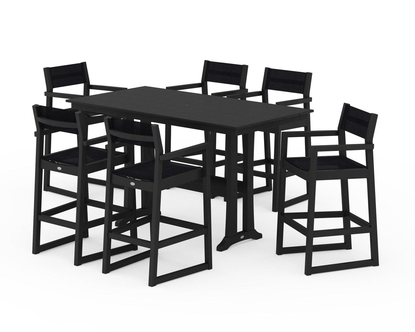 POLYWOOD EDGE Sling Arm Chair 7-Piece Farmhouse Bar Set with Trestle Legs — Black / Black Sling