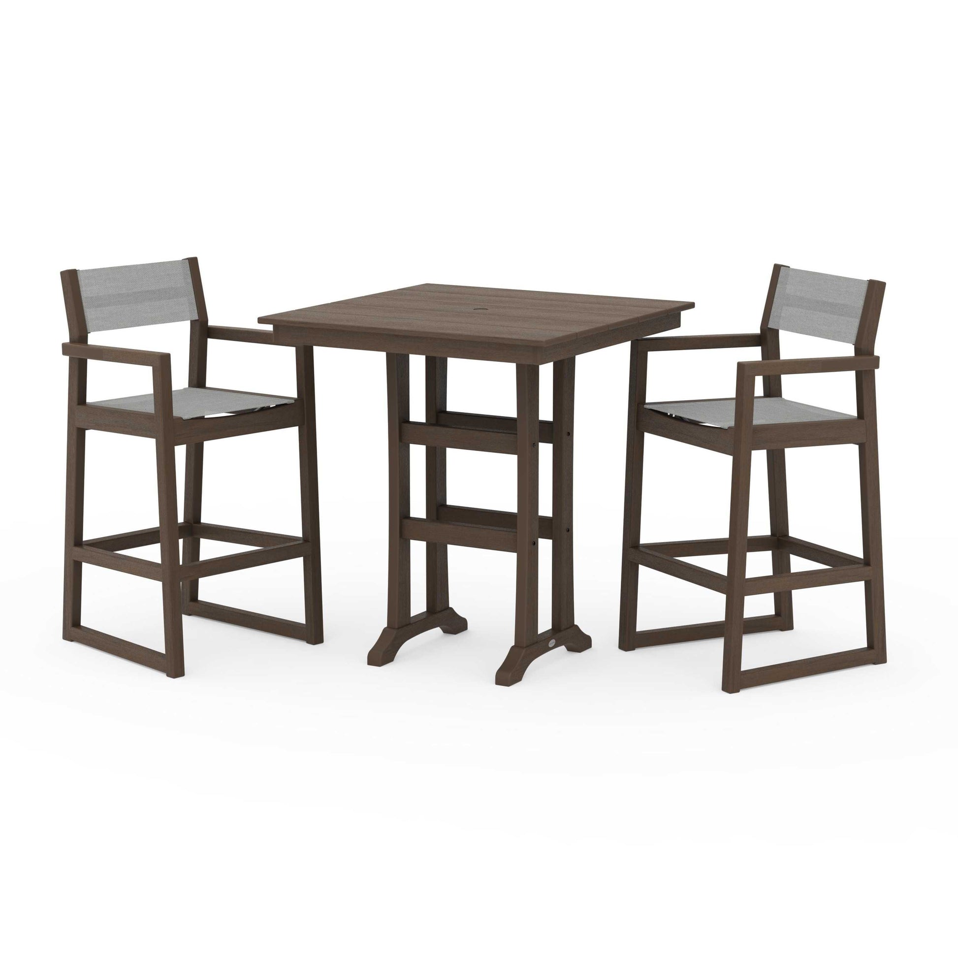 POLYWOOD EDGE Sling Arm Chair 3-Piece Farmhouse Bar Set with Trestle Legs — Kona / Metallic Sling