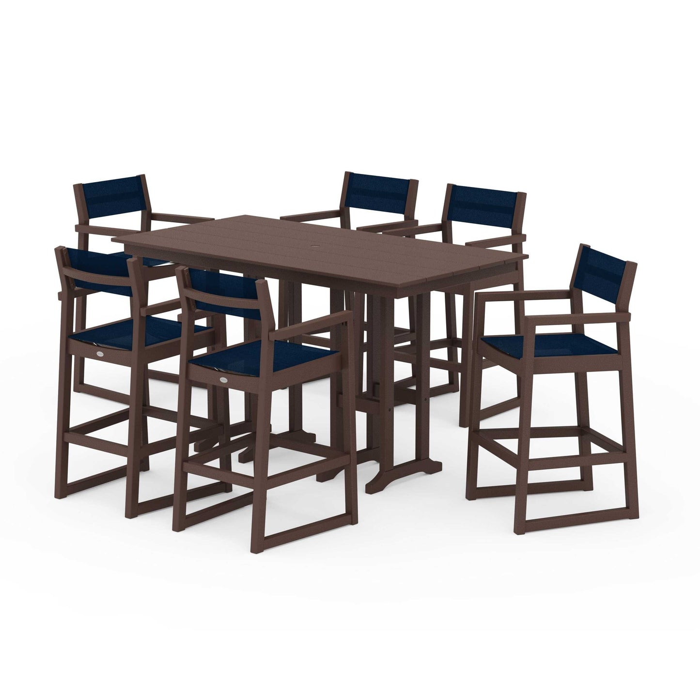POLYWOOD EDGE Sling Arm Chair 7-Piece Farmhouse Bar Set — Mahogany / Navy Blue Sling