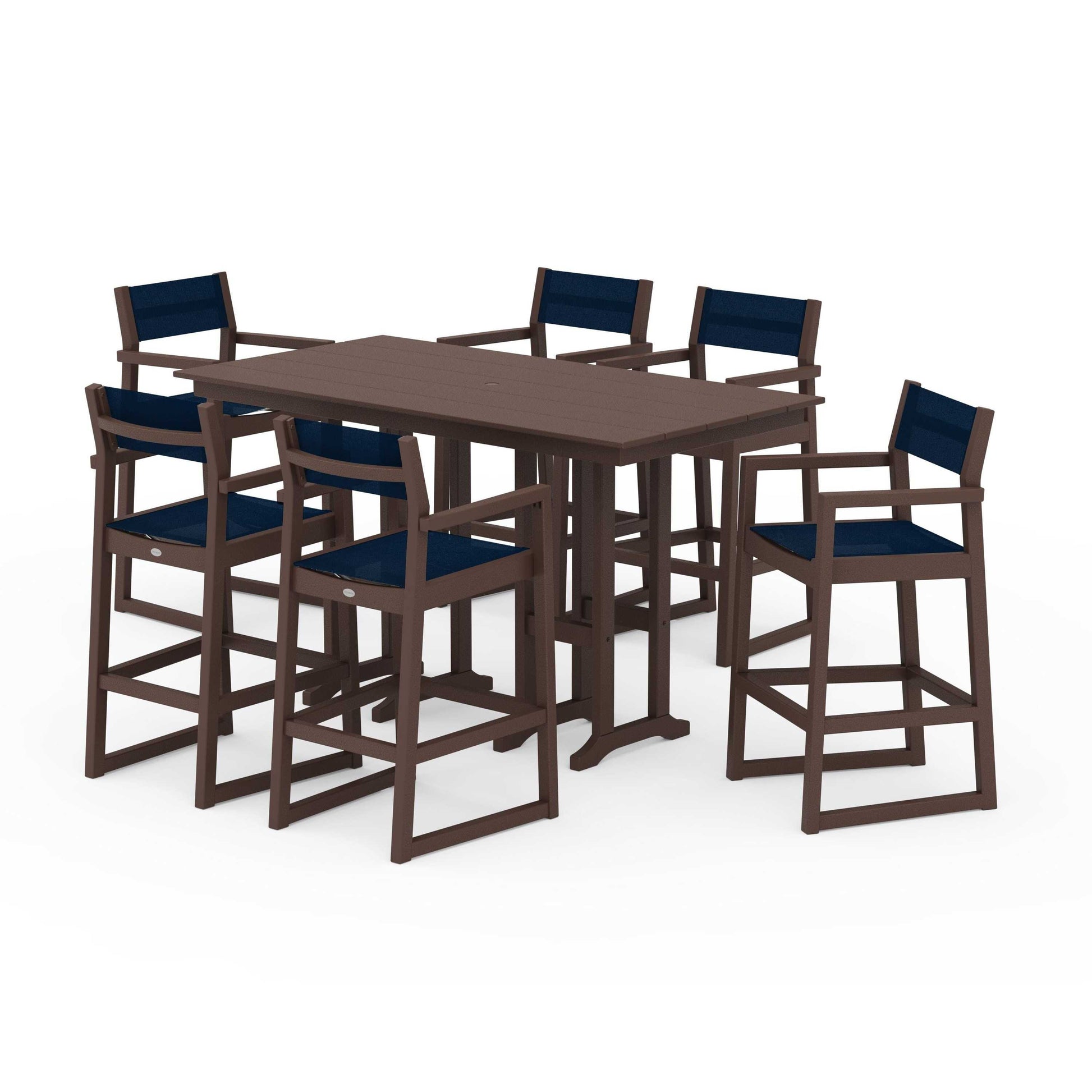 POLYWOOD EDGE Sling Arm Chair 7-Piece Farmhouse Bar Set — Mahogany / Navy Blue Sling