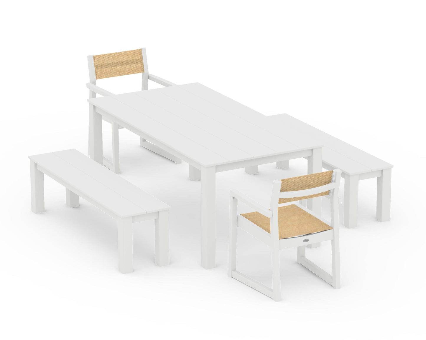 POLYWOOD EDGE Sling Arm Chair 5-Piece Parsons Dining Set with Benches — White / Dupioni Apricot Sling