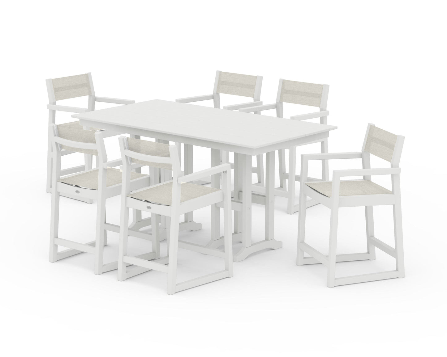 POLYWOOD EDGE Sling Arm Chair 7-Piece Farmhouse Counter Set — Vintage White / Parchment Sling