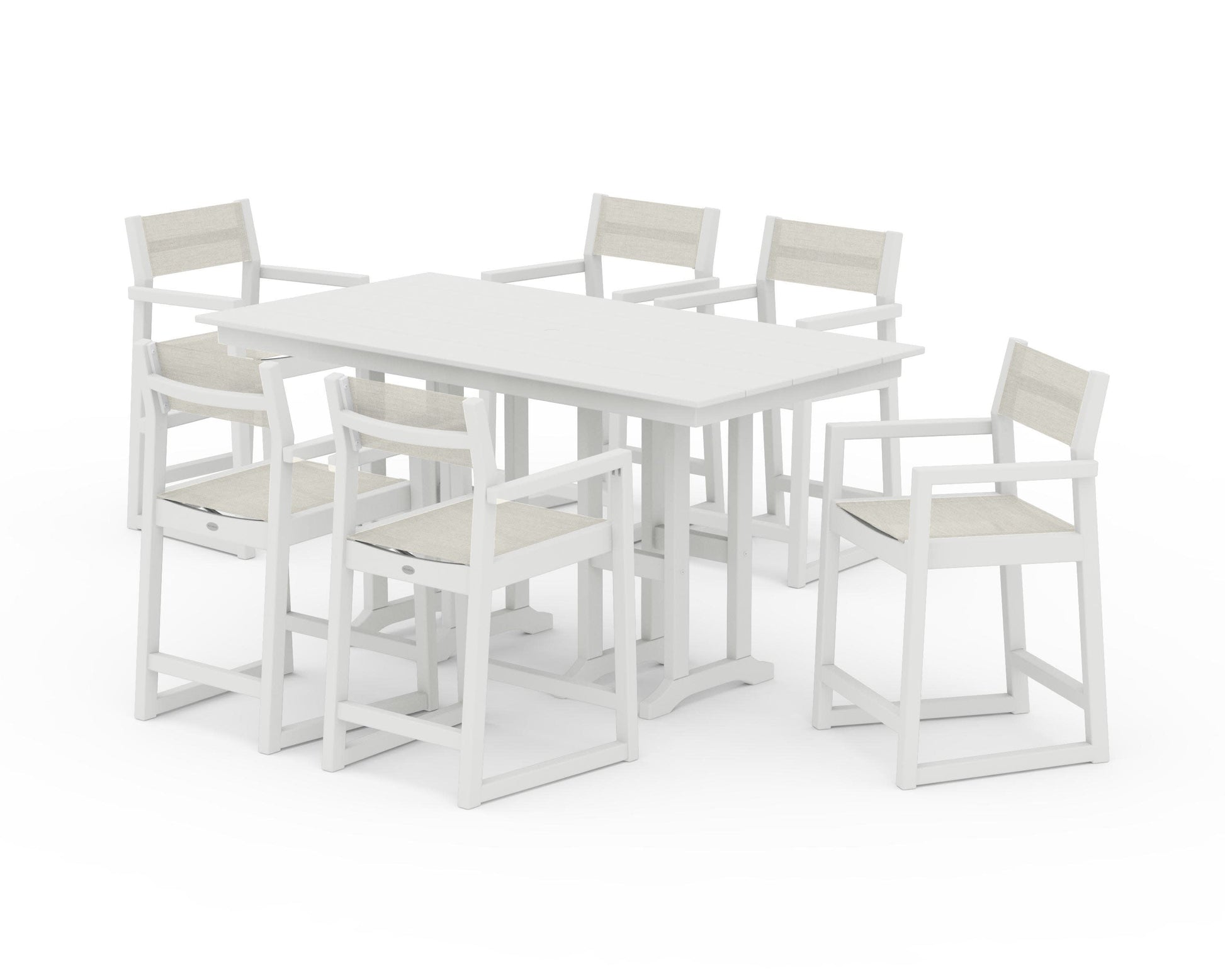POLYWOOD EDGE Sling Arm Chair 7-Piece Farmhouse Counter Set — Vintage White / Parchment Sling