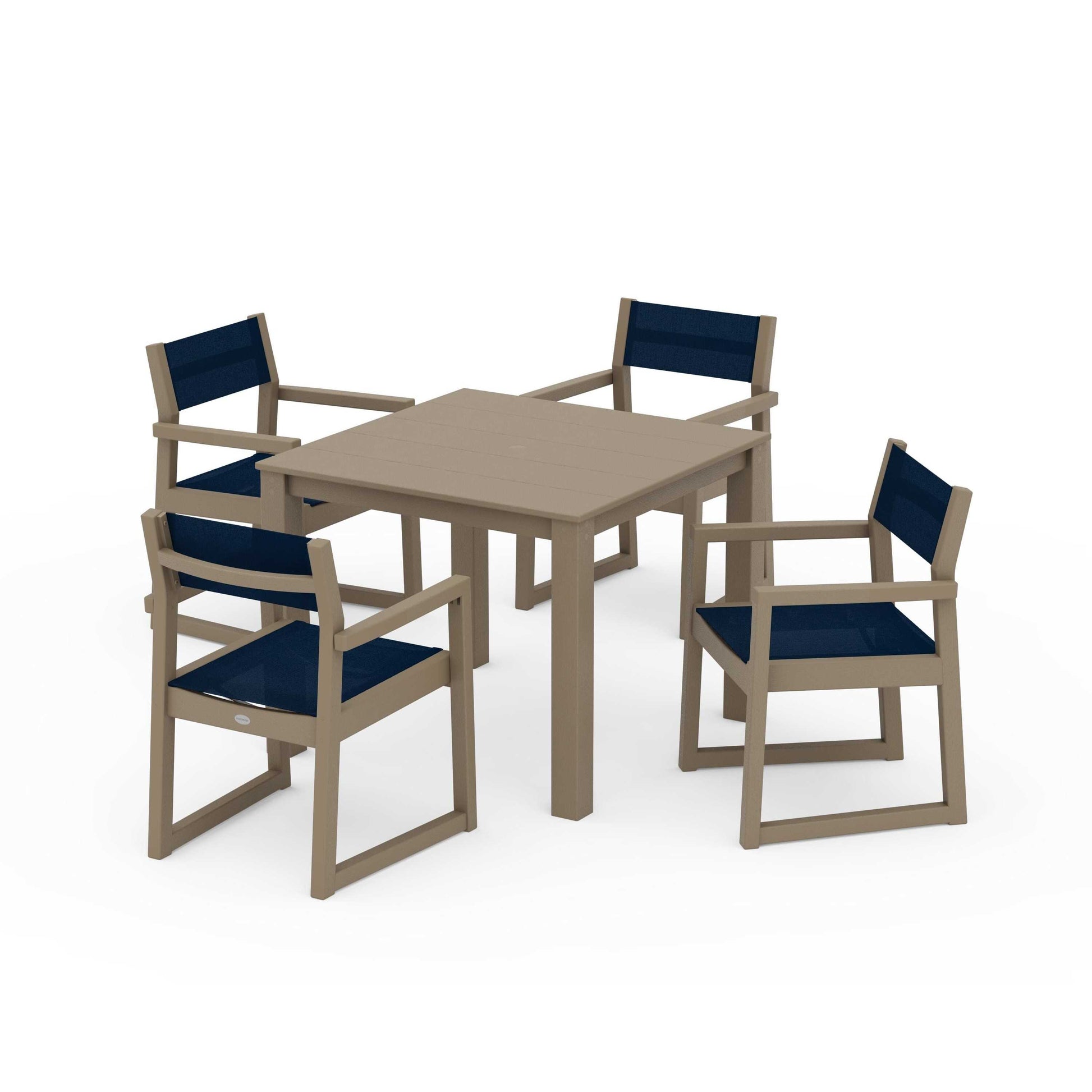 POLYWOOD EDGE Sling Arm Chair 5-Piece Parsons Dining Set — Vintage Sahara / Navy Blue Sling