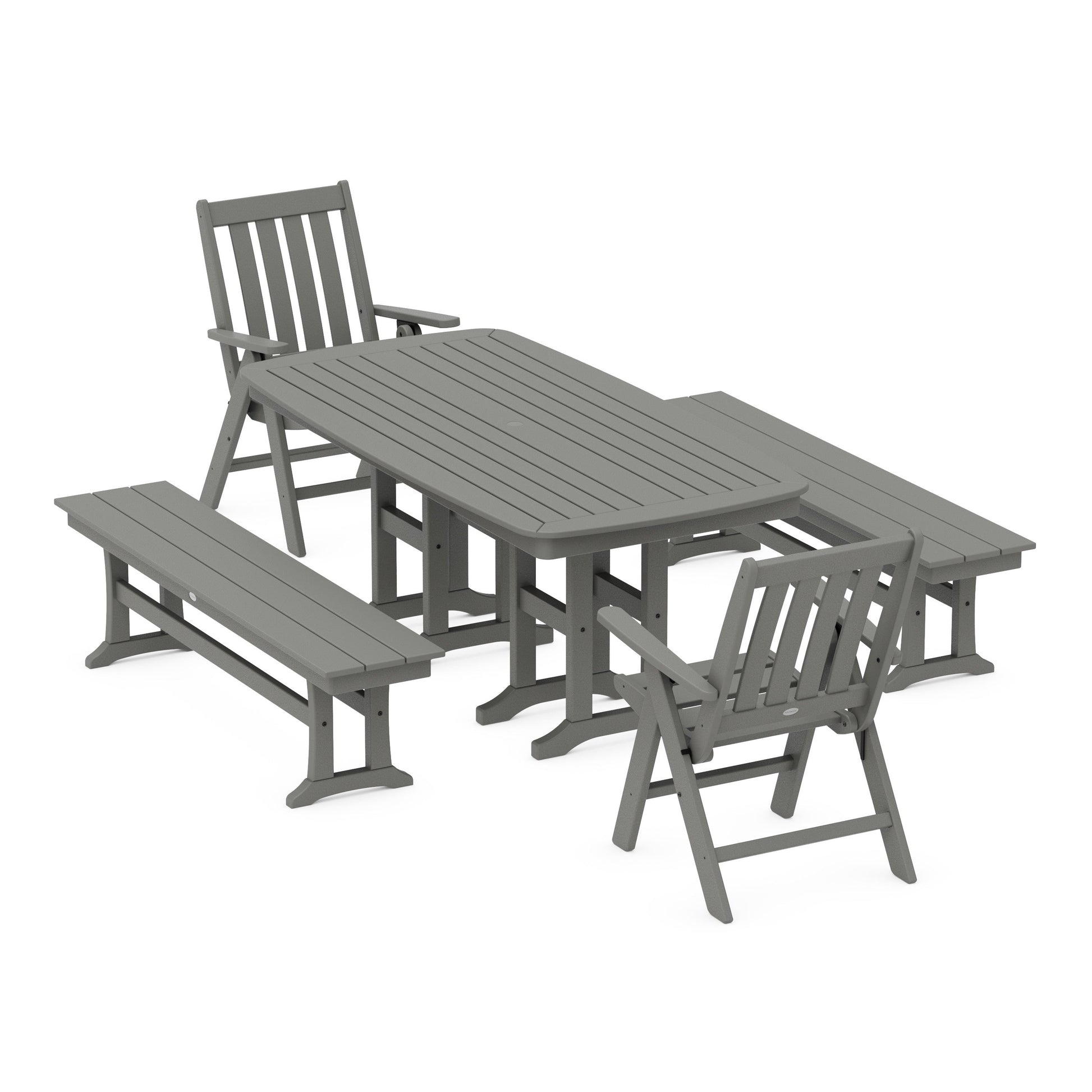 POLYWOOD Vineyard Folding Chair 6-Piece Dining Set with Benches — Slate Grey