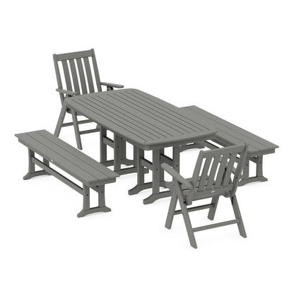 POLYWOOD Vineyard Folding Chair 6-Piece Dining Set with Benches — Slate Grey