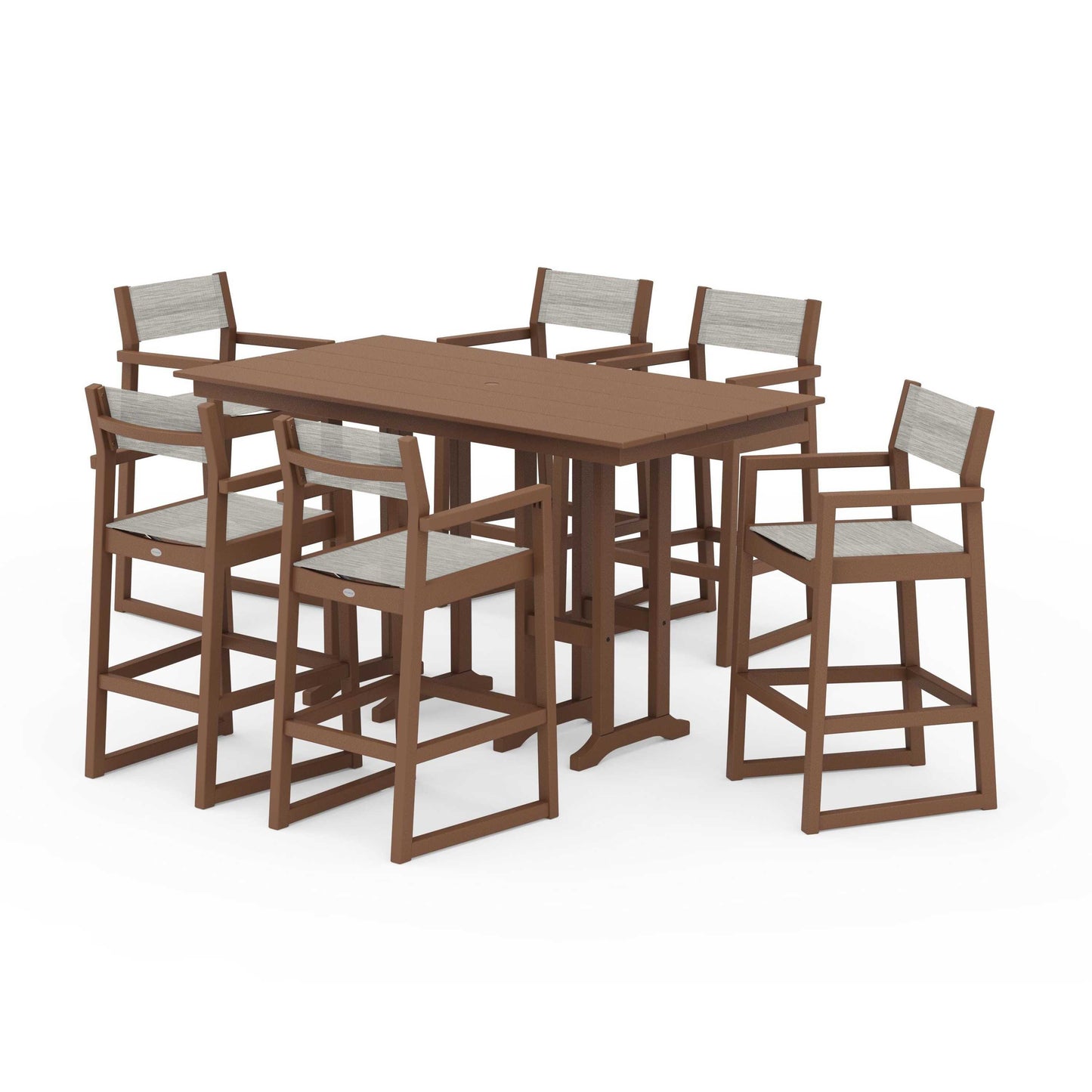 POLYWOOD EDGE Sling Arm Chair 7-Piece Farmhouse Bar Set — Teak / Birch Sling