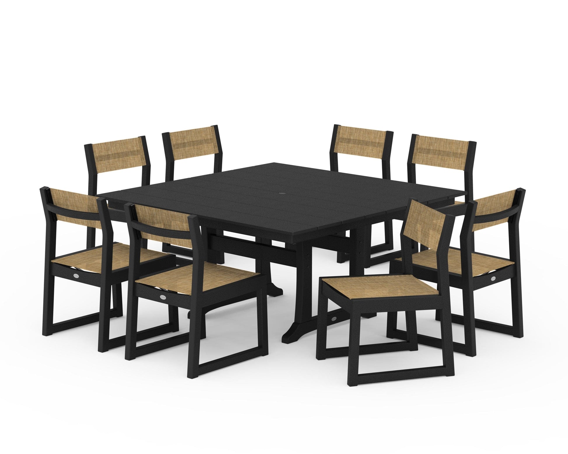 POLYWOOD EDGE Sling Side Chair 9-Piece Farmhouse Trestle Dining Set — Black / Burlap Sling