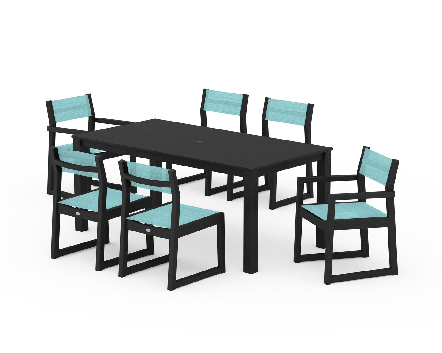 POLYWOOD EDGE Sling 7-Piece Parsons Dining Set — Black / Dupioni Aquamarine Sling