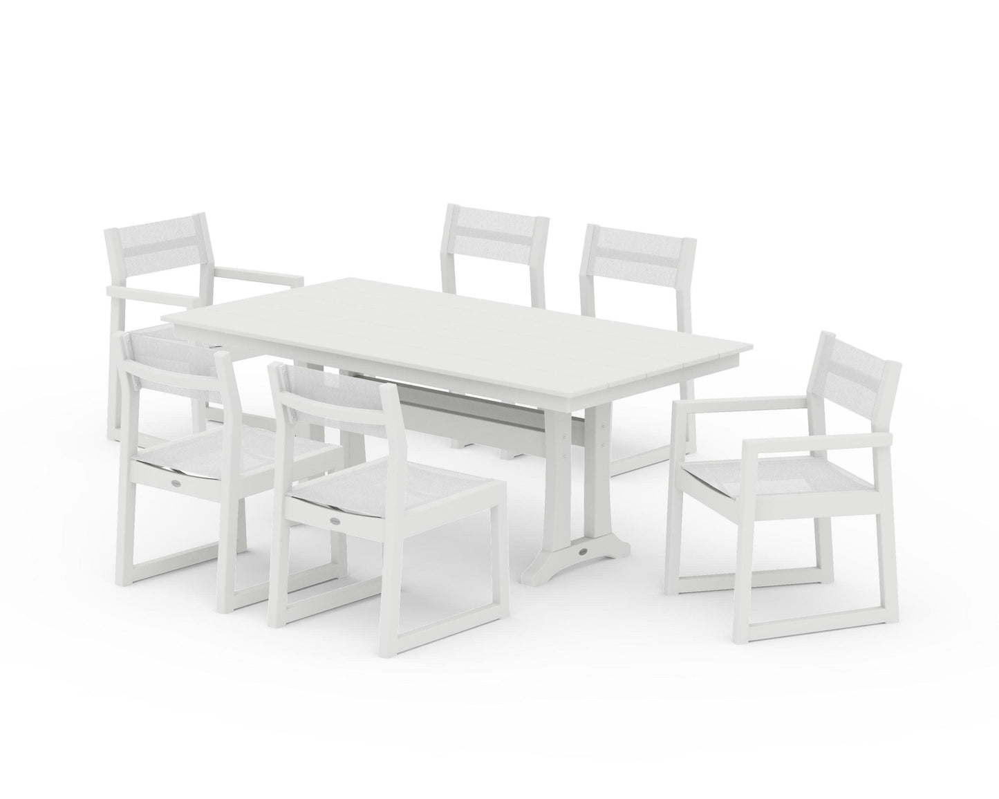 POLYWOOD EDGE Sling 7-Piece Farmhouse Trestle Dining Set — Vintage White / White Sling
