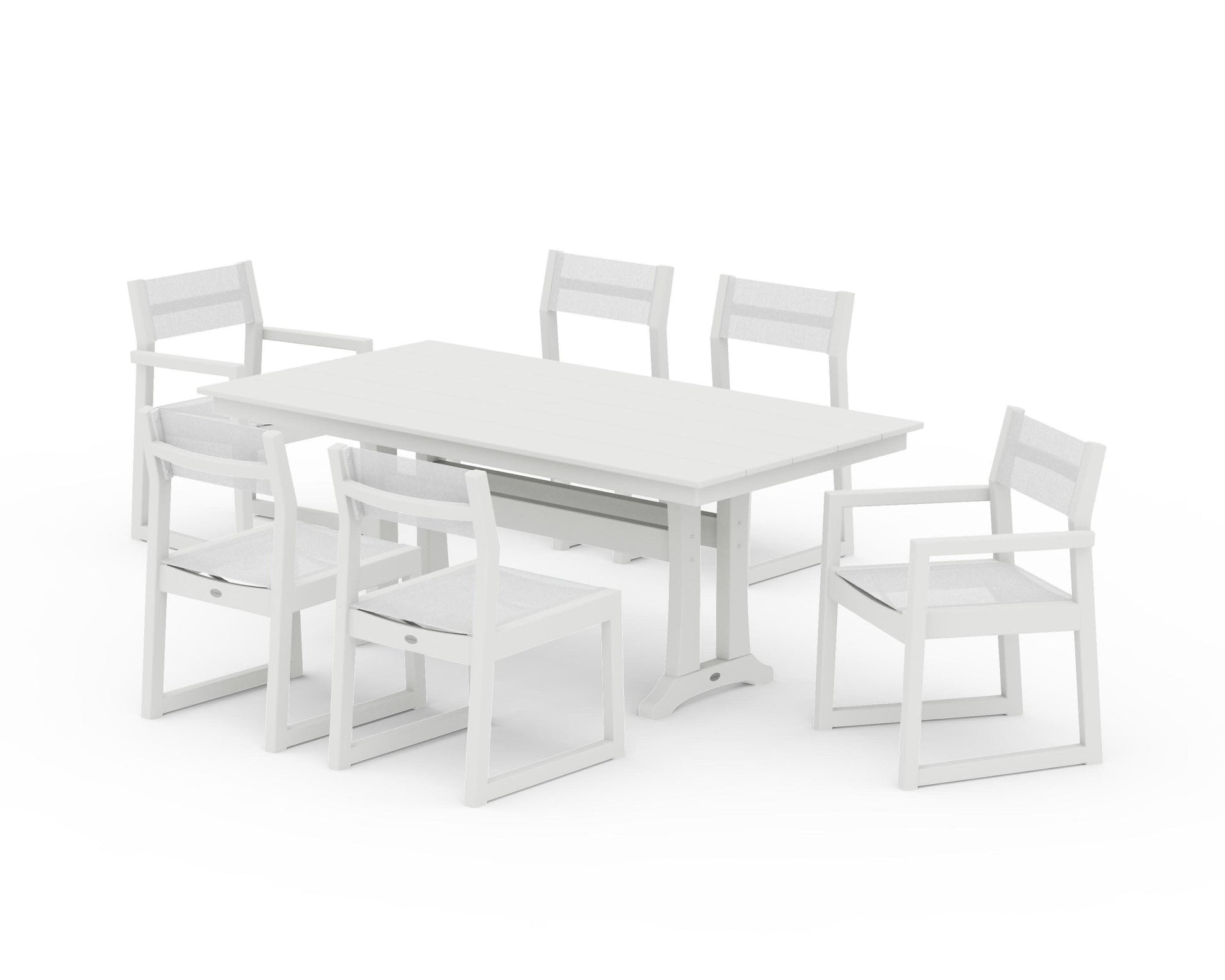 POLYWOOD EDGE Sling 7-Piece Farmhouse Trestle Dining Set — Vintage White / White Sling