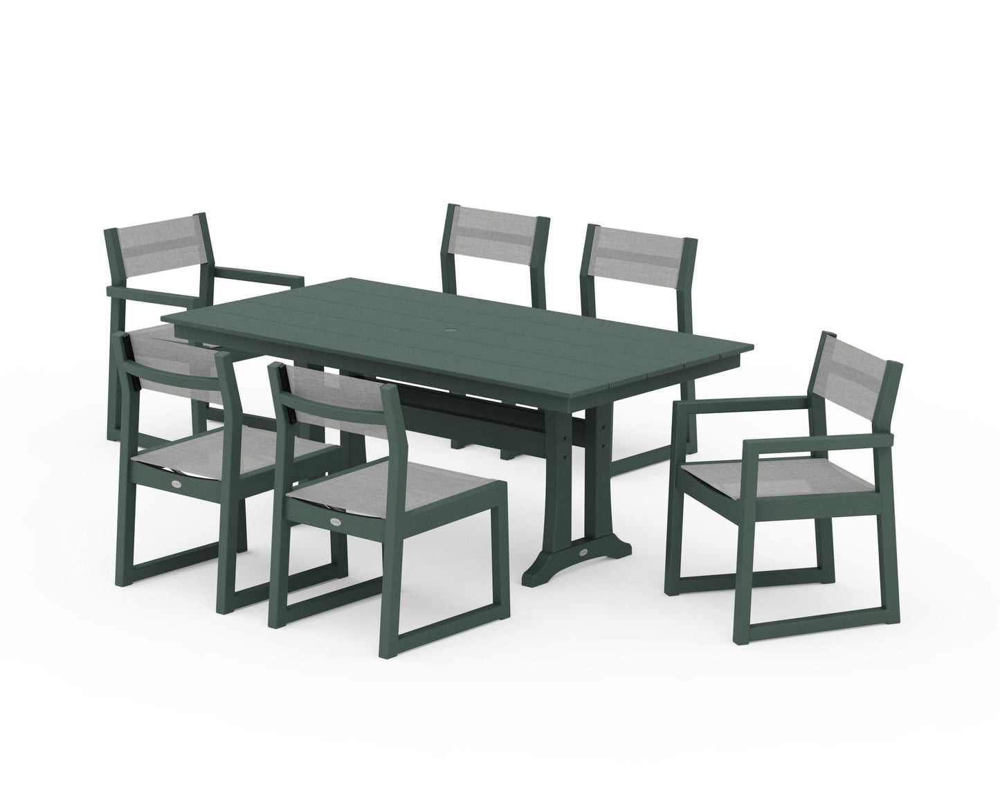 POLYWOOD EDGE Sling 7-Piece Farmhouse Trestle Dining Set — Green / Metallic Sling