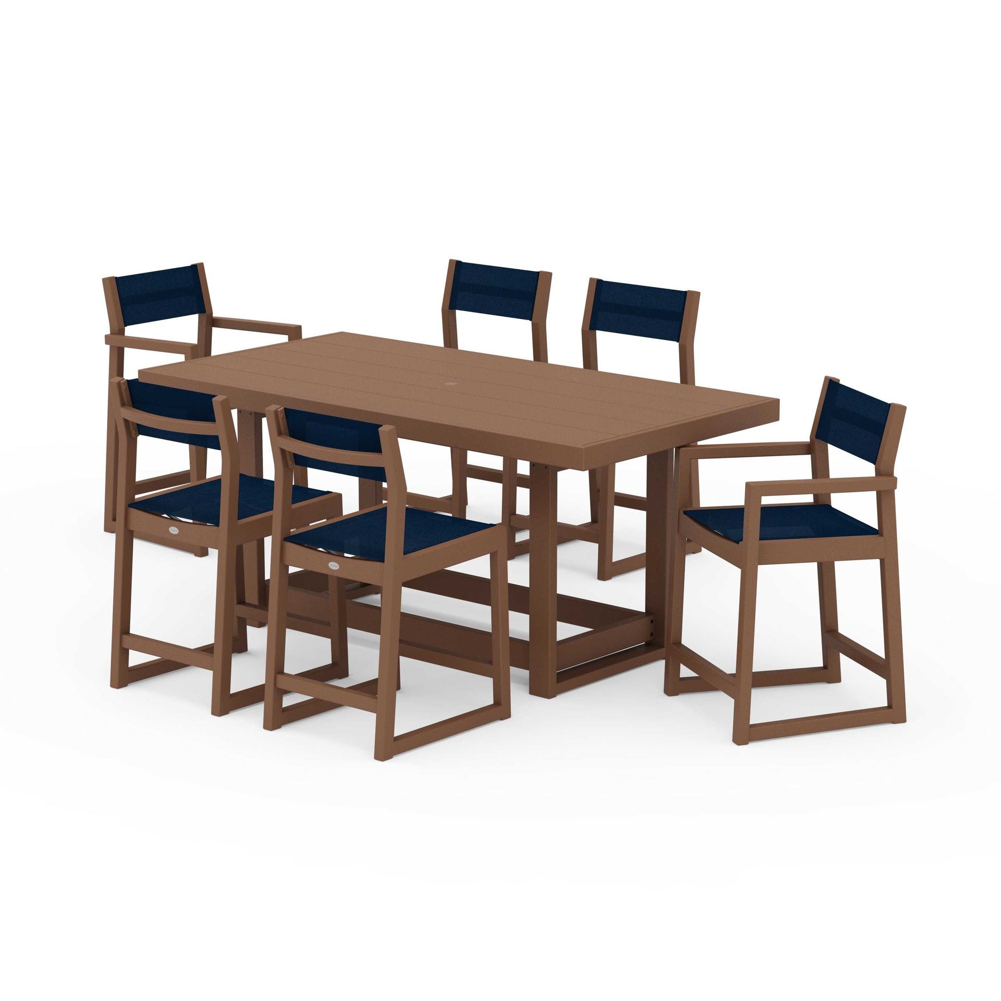 POLYWOOD EDGE Sling 7-Piece Counter Table Set — Teak / Navy Blue Sling