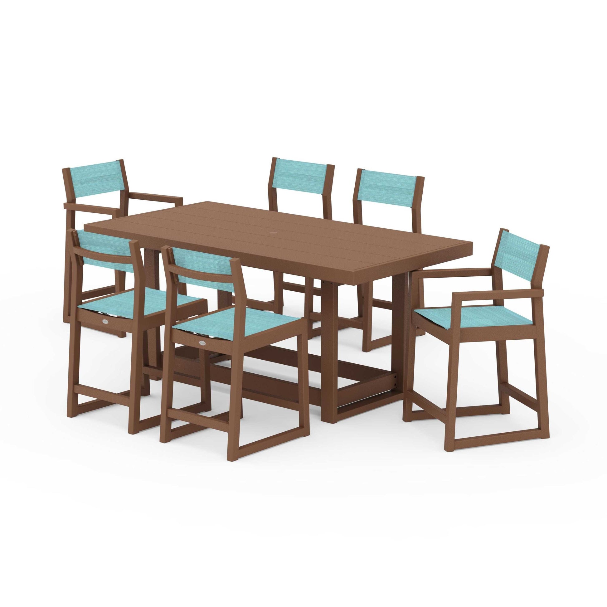 POLYWOOD EDGE Sling 7-Piece Counter Table Set — Teak / Dupioni Aquamarine Sling
