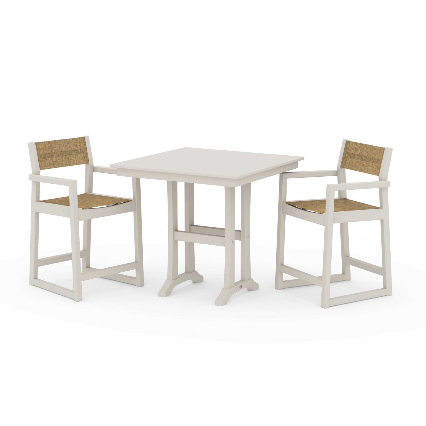 POLYWOOD EDGE Sling Arm Chair 3-Piece Farmhouse Counter Set with Trestle Legs — Sand / Burlap Sling