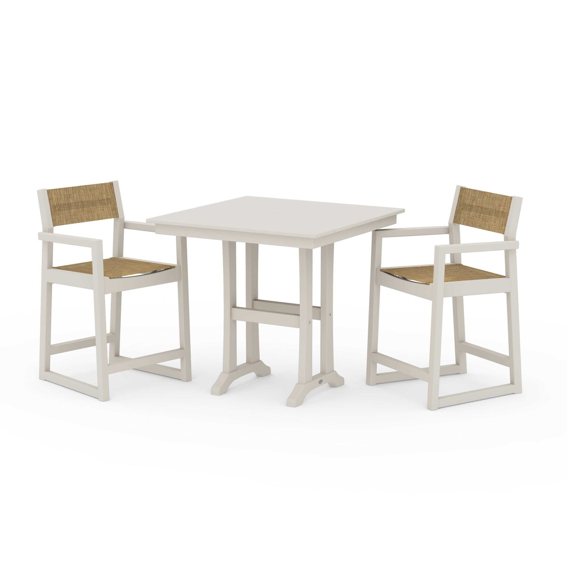 POLYWOOD EDGE Sling Arm Chair 3-Piece Farmhouse Counter Set with Trestle Legs — Sand / Burlap Sling