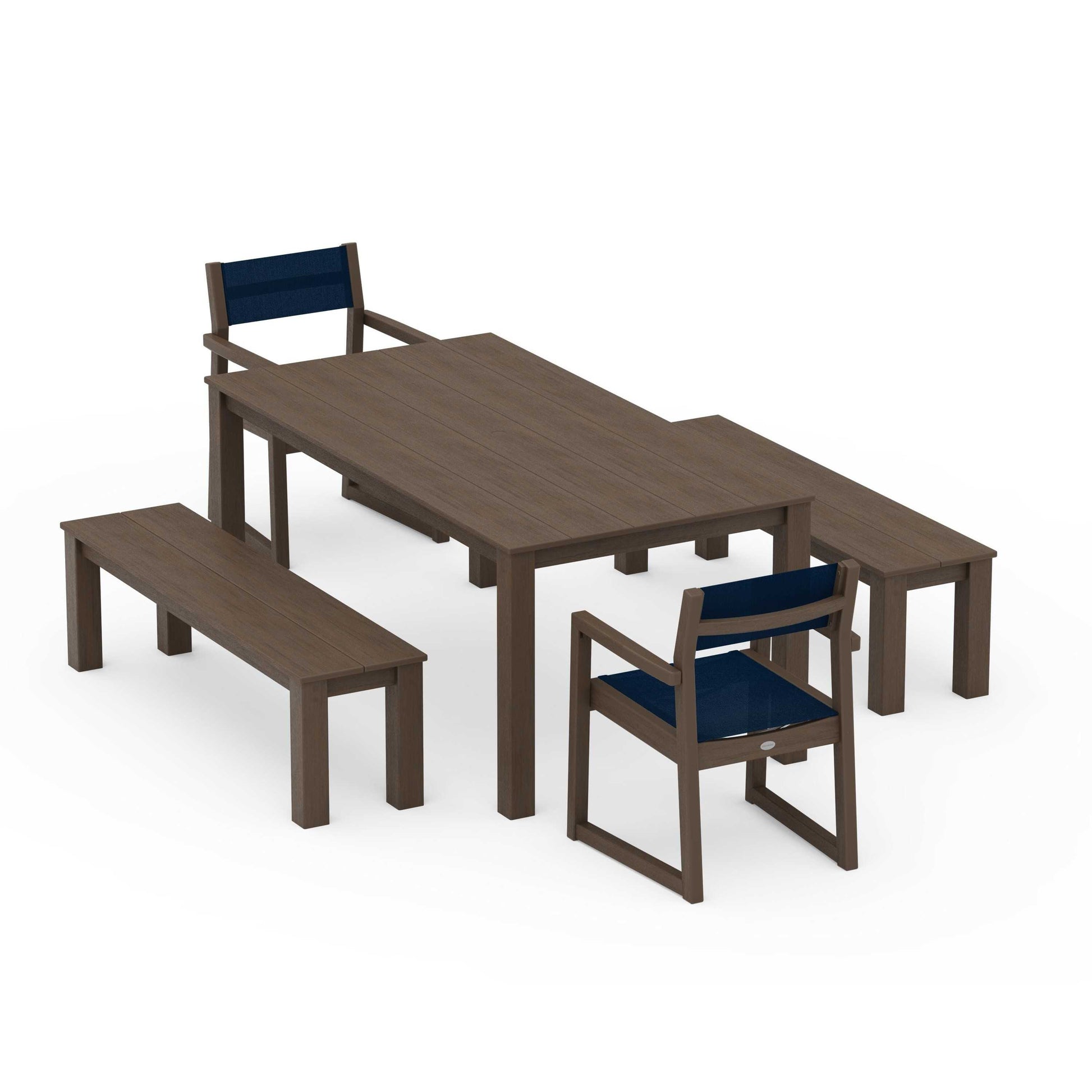 POLYWOOD EDGE Sling Arm Chair 5-Piece Parsons Dining Set with Benches — Kona / Navy Blue Sling