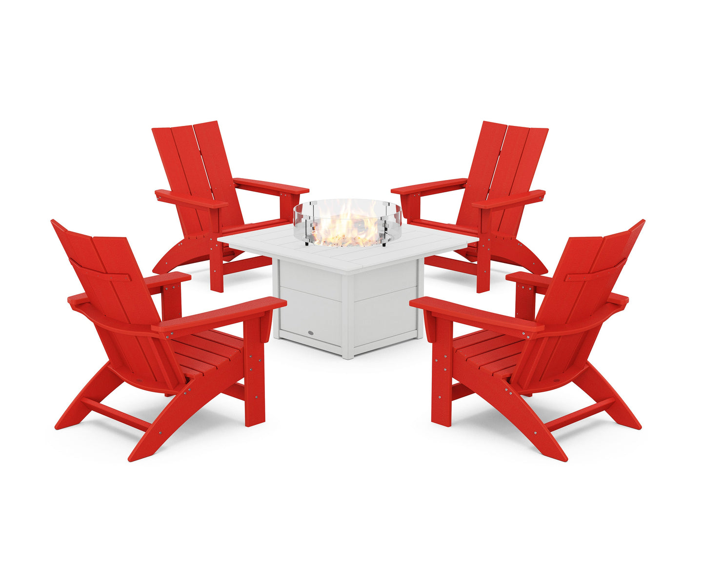 POLYWOOD 5-Piece Modern Grand Adirondack Conversation Set with Fire Pit Table — Sunset Red / White