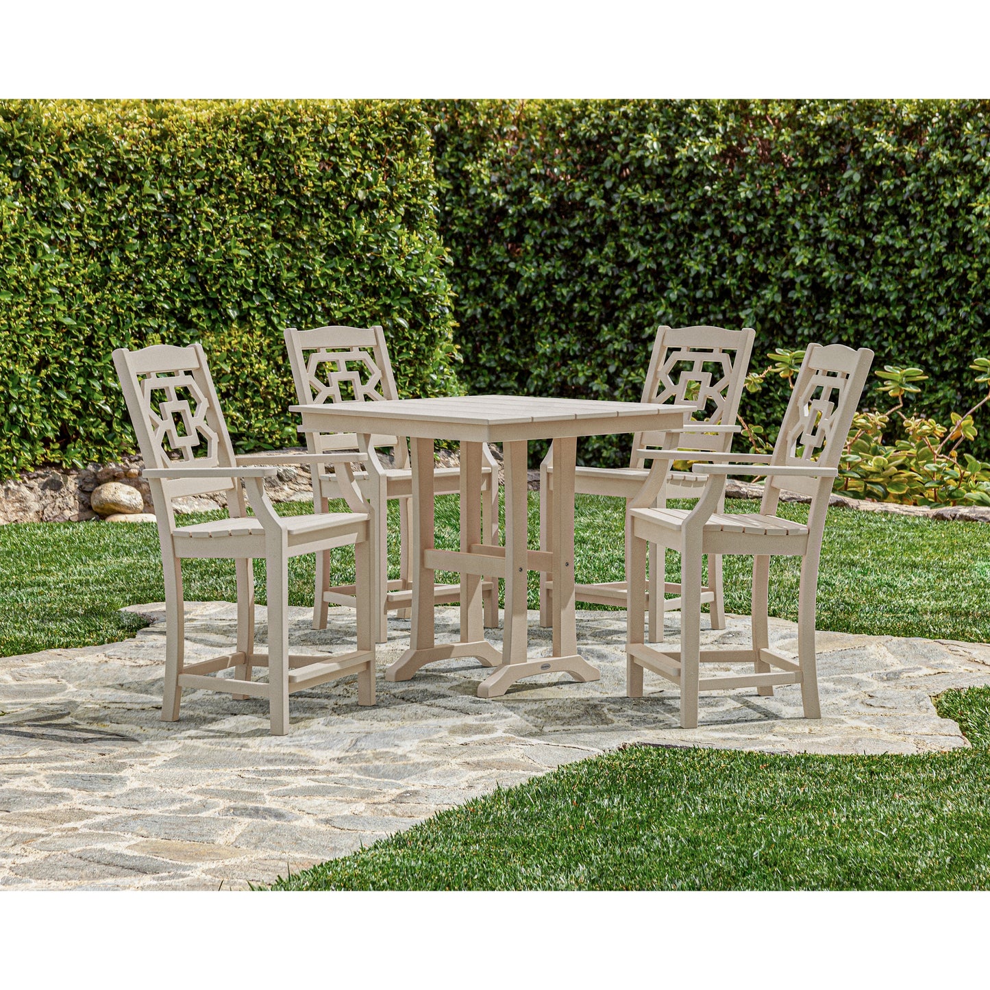 POLYWOOD Chinoiserie 5-Piece Farmhouse Counter Set with Trestle Legs