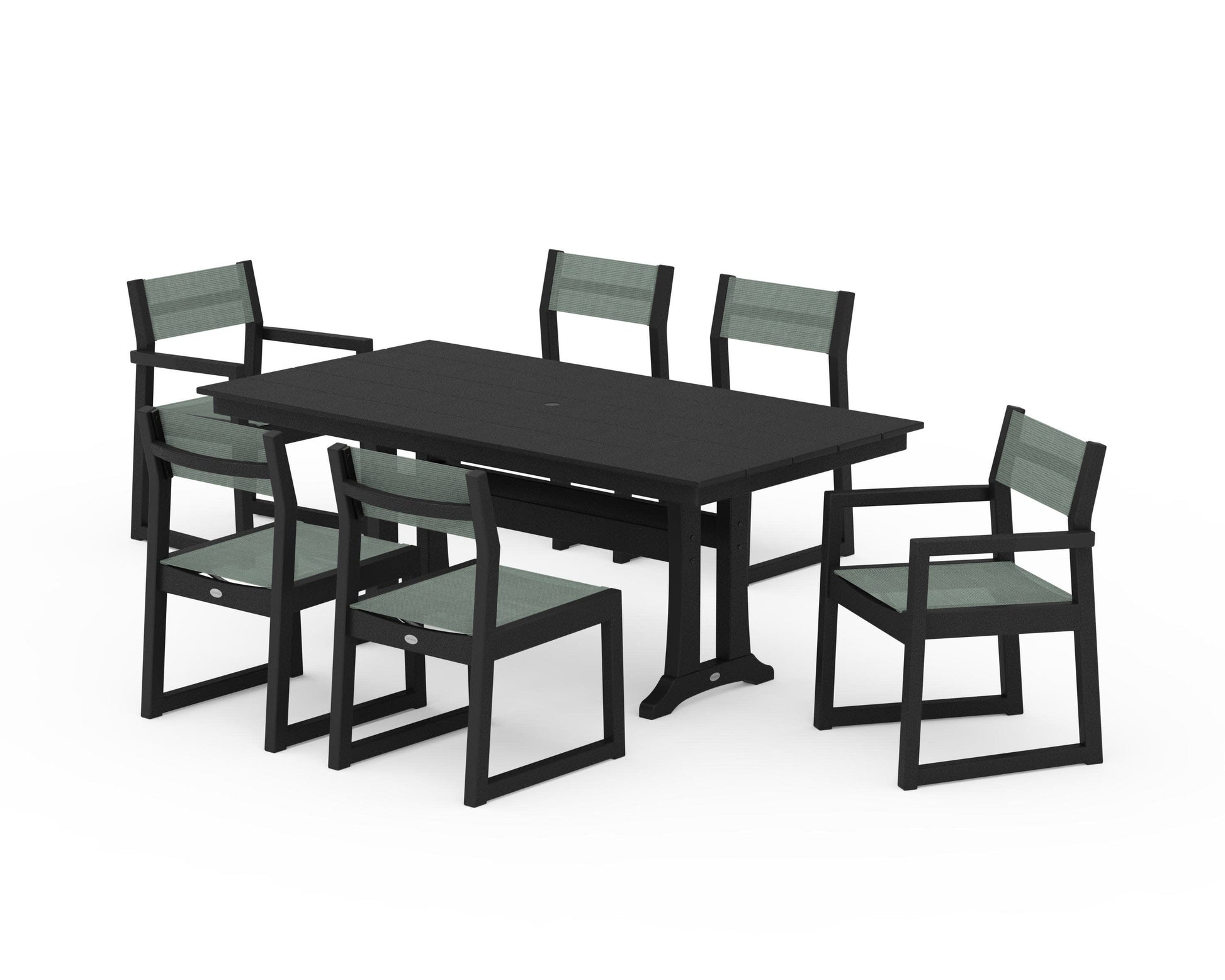 POLYWOOD EDGE Sling 7-Piece Farmhouse Trestle Dining Set — Black / Dupioni Sea Mist Sling