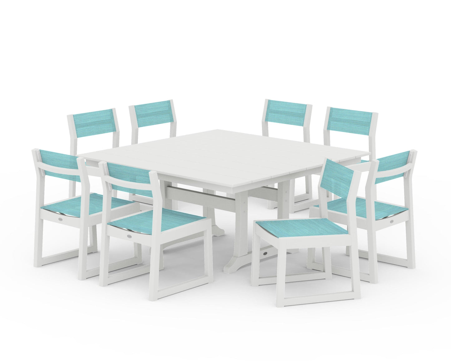 POLYWOOD EDGE Sling Side Chair 9-Piece Farmhouse Trestle Dining Set — Vintage White / Dupioni Aquamarine Sling