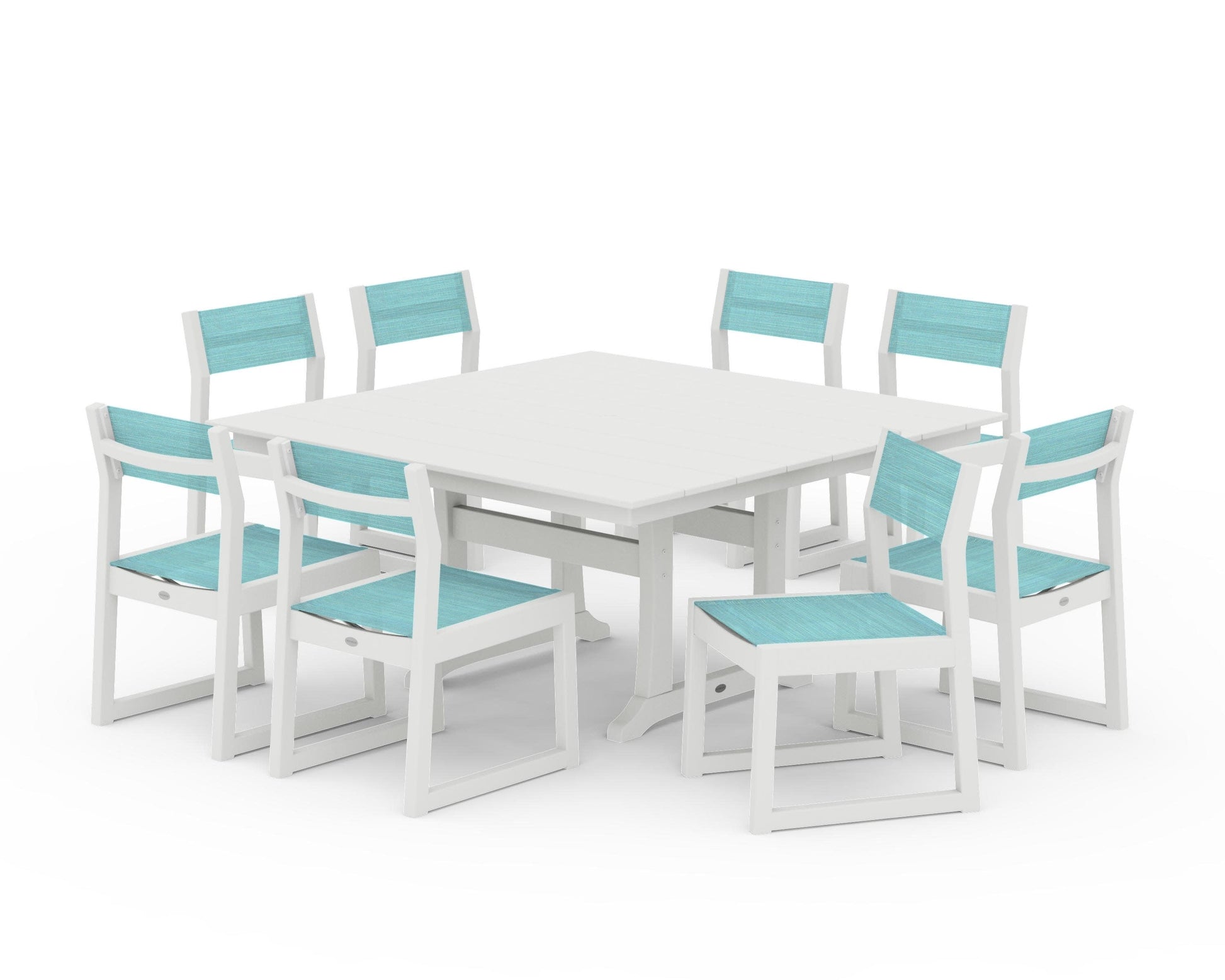 POLYWOOD EDGE Sling Side Chair 9-Piece Farmhouse Trestle Dining Set — Vintage White / Dupioni Aquamarine Sling