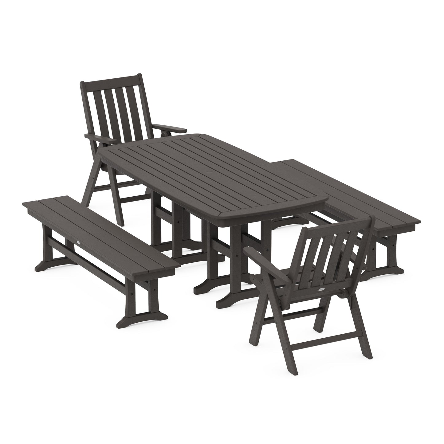 POLYWOOD Vineyard Folding Chair 6-Piece Dining Set with Benches — Vintage Coffee