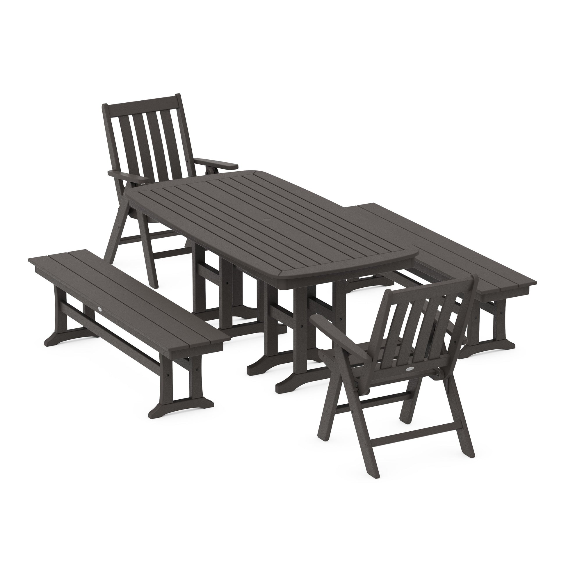 POLYWOOD Vineyard Folding Chair 6-Piece Dining Set with Benches — Vintage Coffee